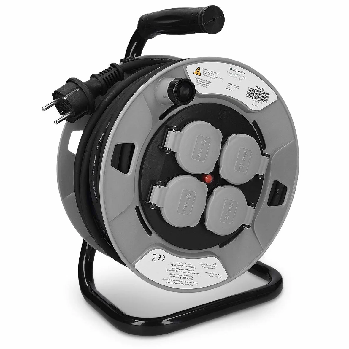 Navaris Zwijacz kabli - Ręczny podajnik kabla elektrycznego 25m 230V 4 wtyczki wtykowe - Przedłużacz elektryczny z kablem Typ H05RR-F 3G1,5 szary
