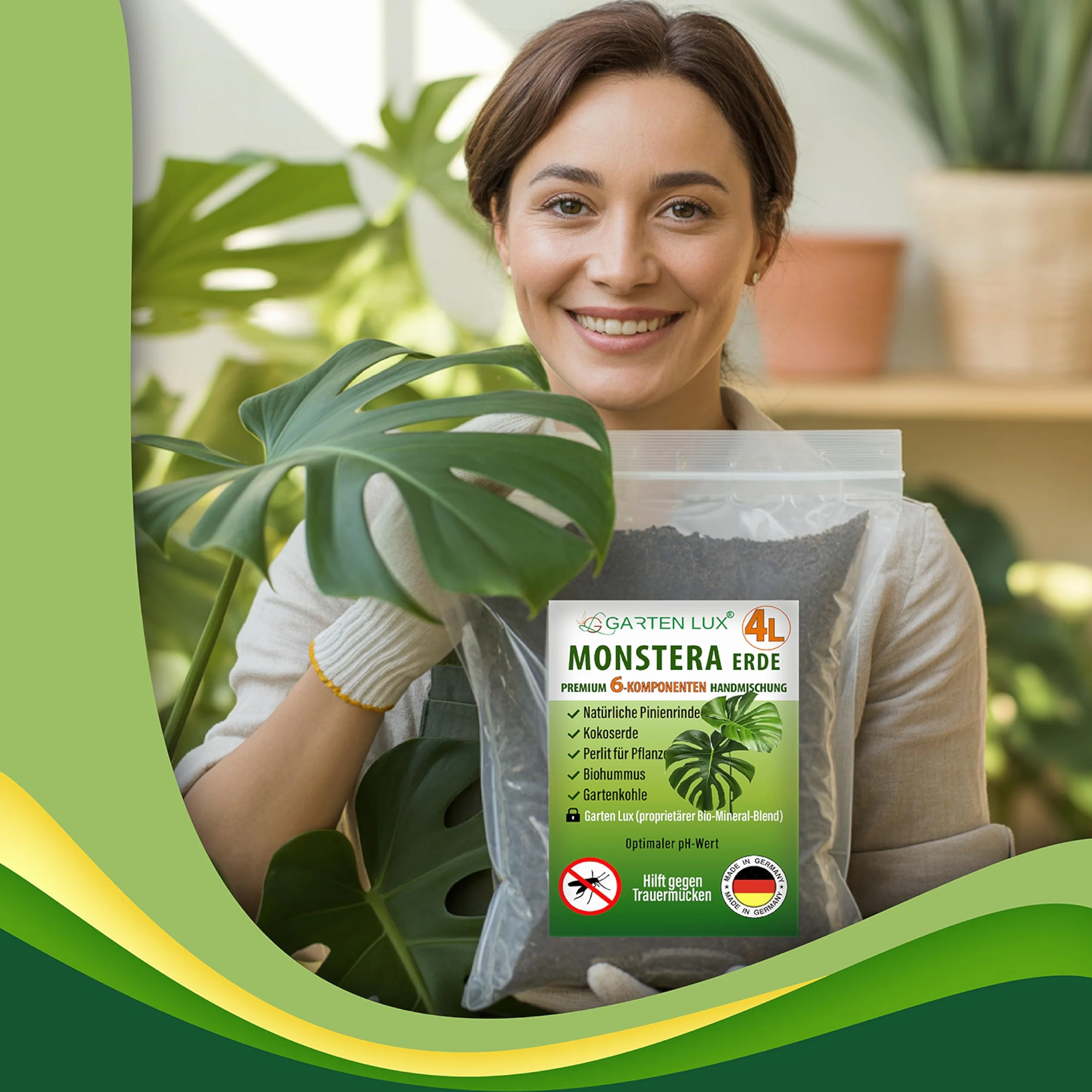 Garten Lux Monstera Terra 4 l bez torfu - 6 w 1 przeciwko komarom żałobnym | aroidalne podłoże | ziemia kokosowa, perlit, kora sosnowa, biohumus, węgiel ogrodowy + tajny kompleks |