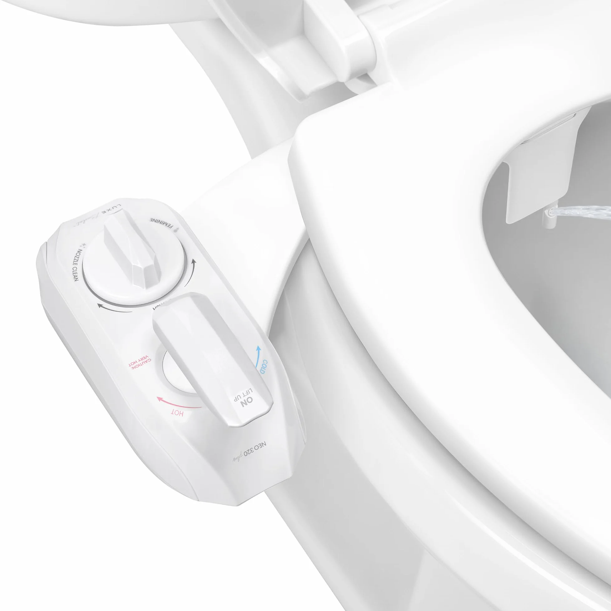 LUXE Bidet NEO 320 Plus, mocowanie do bidetu ciepłej wody nowej generacji z innowacyjnymi zawiasami EZ, podwójnymi dyszami i trybem samooczyszczania 360°, białe