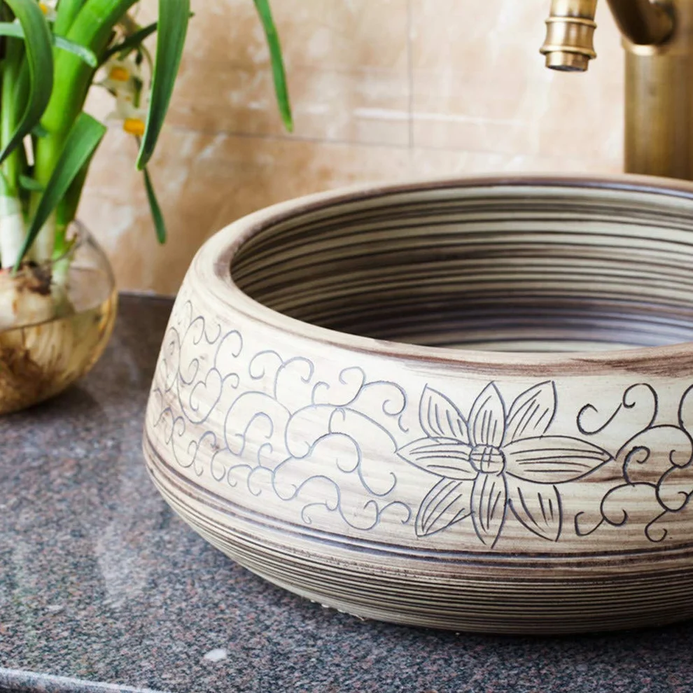 Ceramiczna Umywalka Nablatowa, Okrągła Umywalka, Ręcznie Rzeźbiony Ceramiczny Róg Obfitości, Umywalki Łazienkowe, Umywalka Dekoracyjna W Stylu Hotelowym, Umywalka Korytar