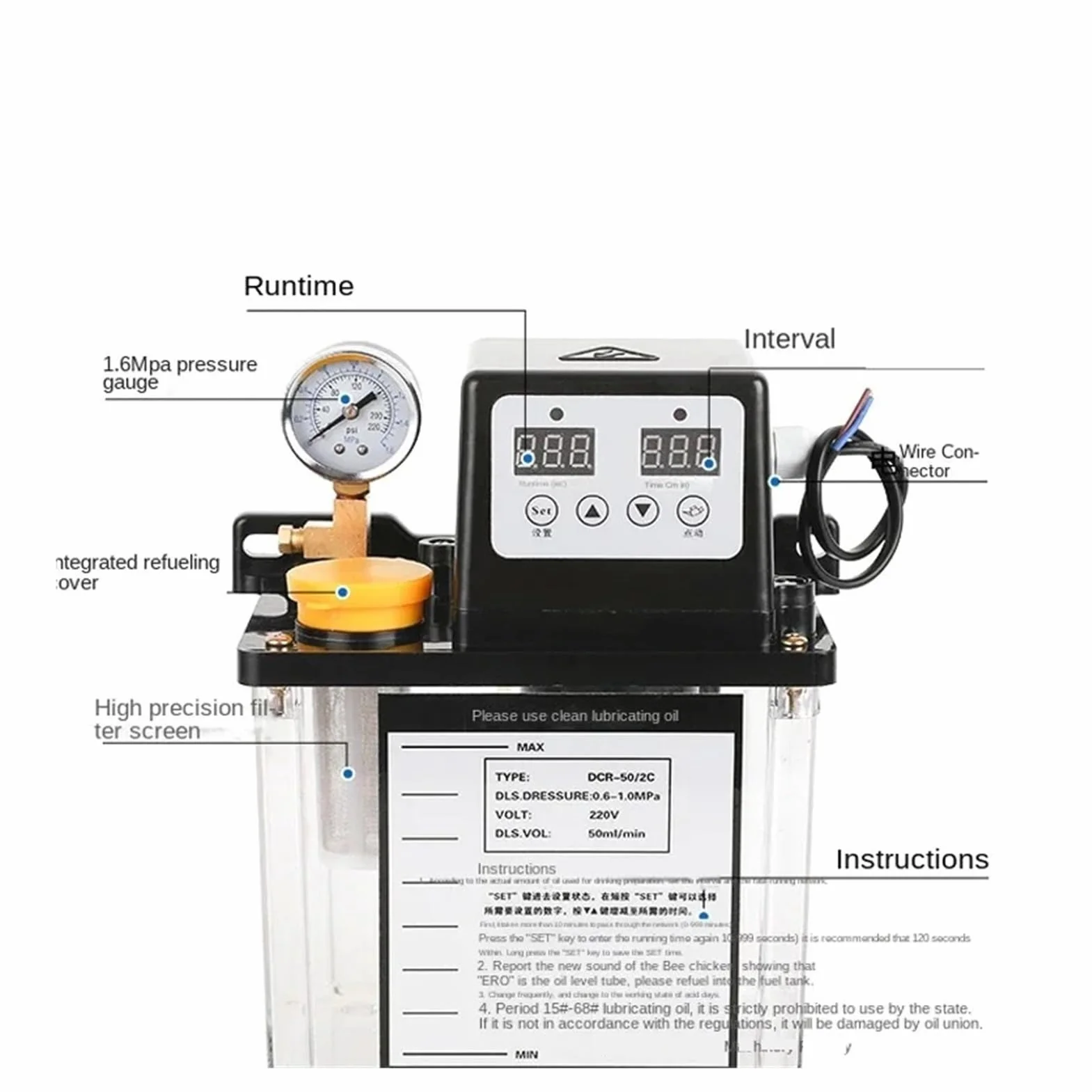 W pełni automatyczna pompa oleju smarowego, automatyczna pompa oleju smarowego 220 V CNC, pompa olejowa do obrabiarek, tokarka, szyna prowadząca, olejarka elektryczna (2,0 l dual band indic)