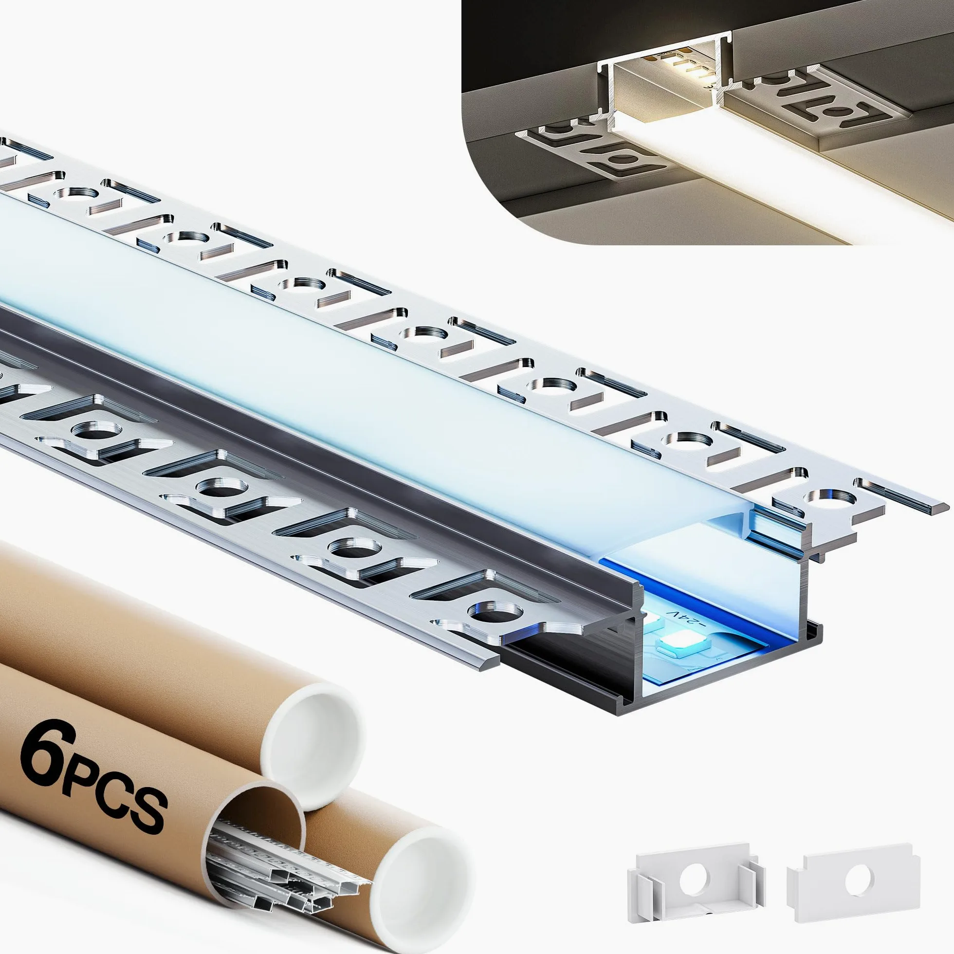 Shine Plus Zestaw 6 profili LED na sucho 2M, profil aluminiowy do taśm LED, wpuszczana szyna LED z dyfuzorem, idealna do oświetlenia sufitowego i ściennego