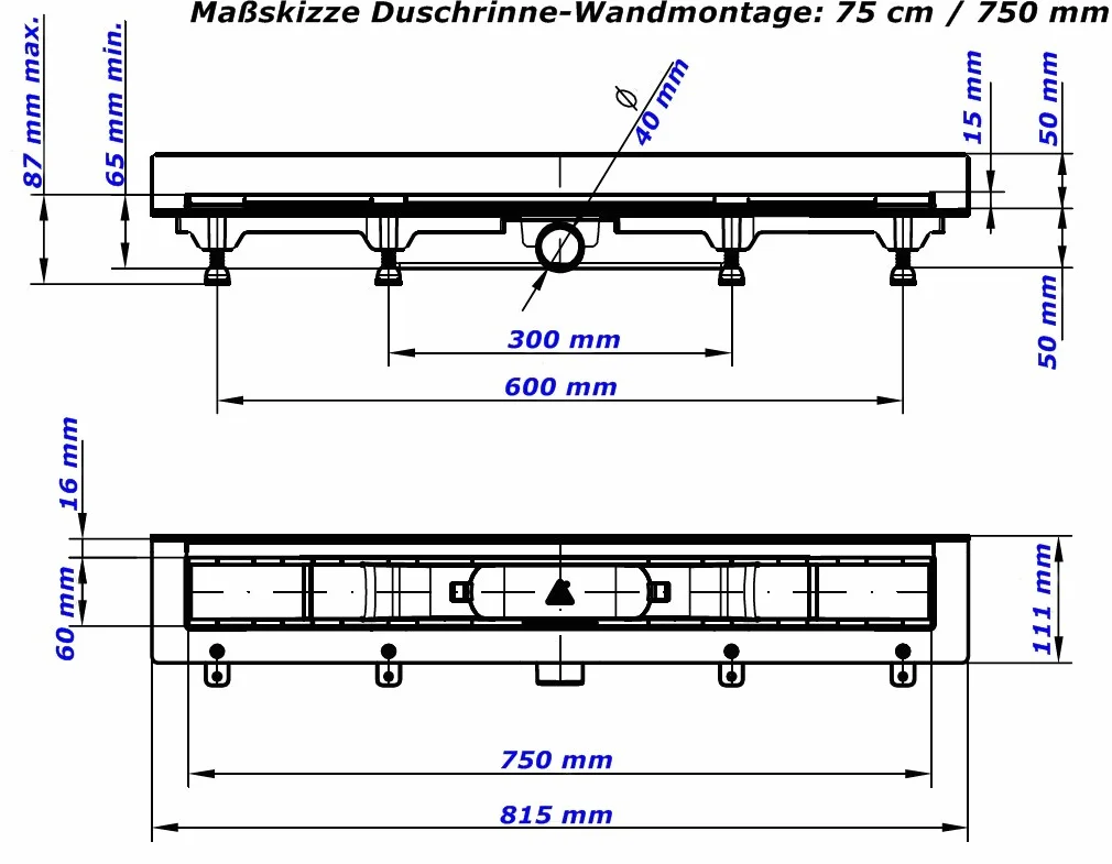 Prysznicowa odpływ podłogowy stal szlachetna rynna odpływowa odpływ łazienkowy płaski 75 cm, model: montaż ścienny Harmony