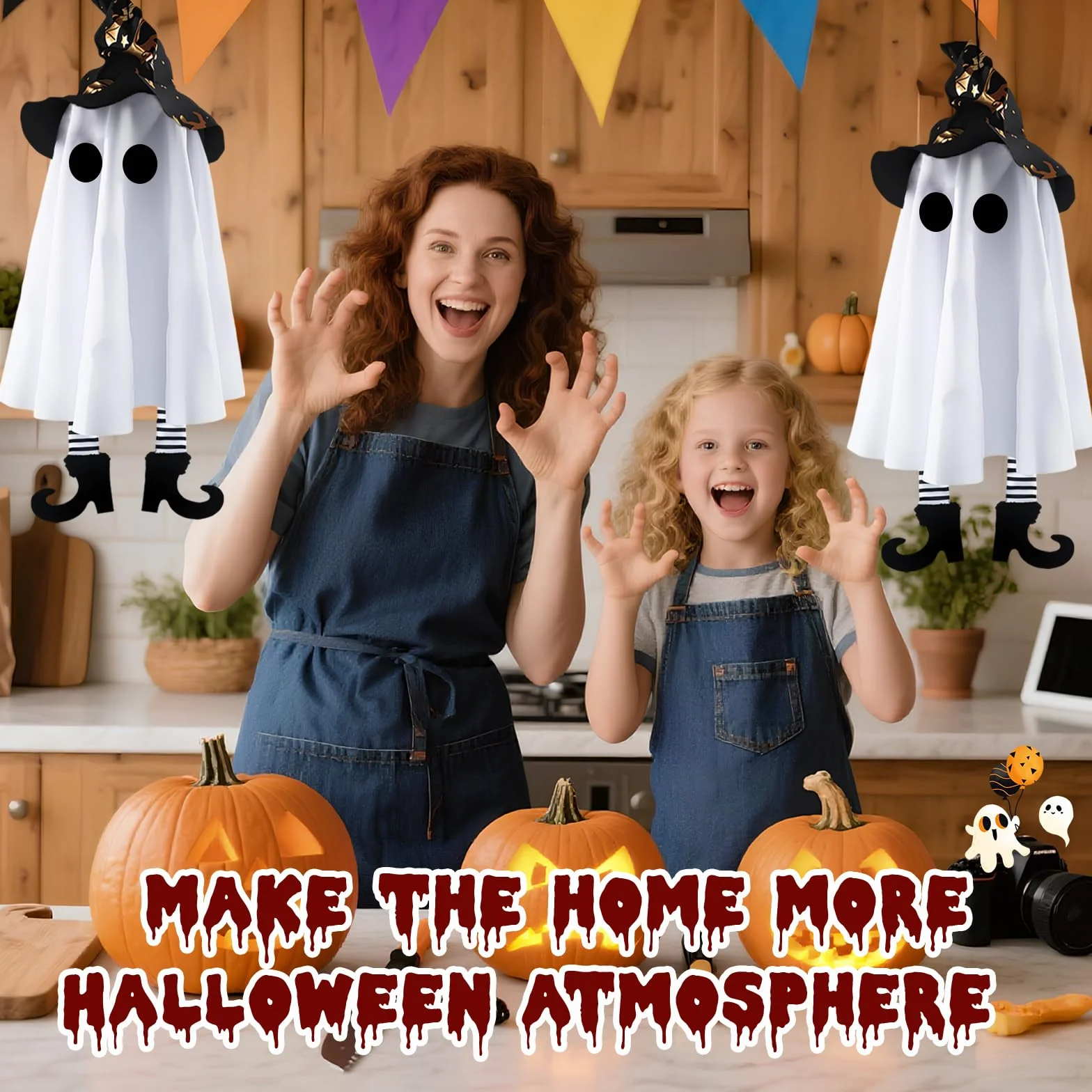 ZoneYan Zestaw 2 duchów Halloween wiszące dekoracje biały czarny