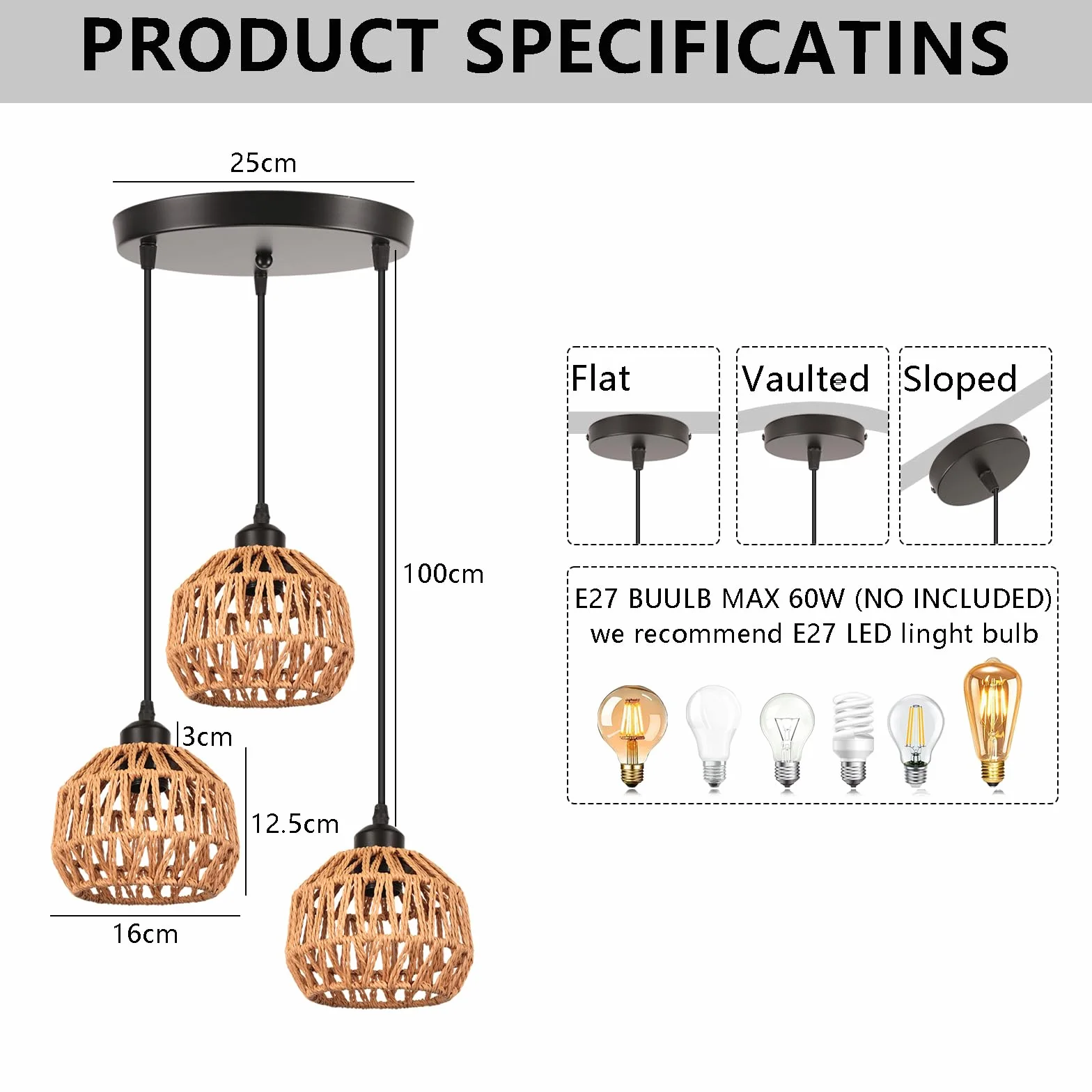 3-Light industrialna lampa wisząca w stylu vintage, metalowa linka papierowa, lampa wisząca, E27, retro, lampa sufitowa do jadalni, salonu, sypialni