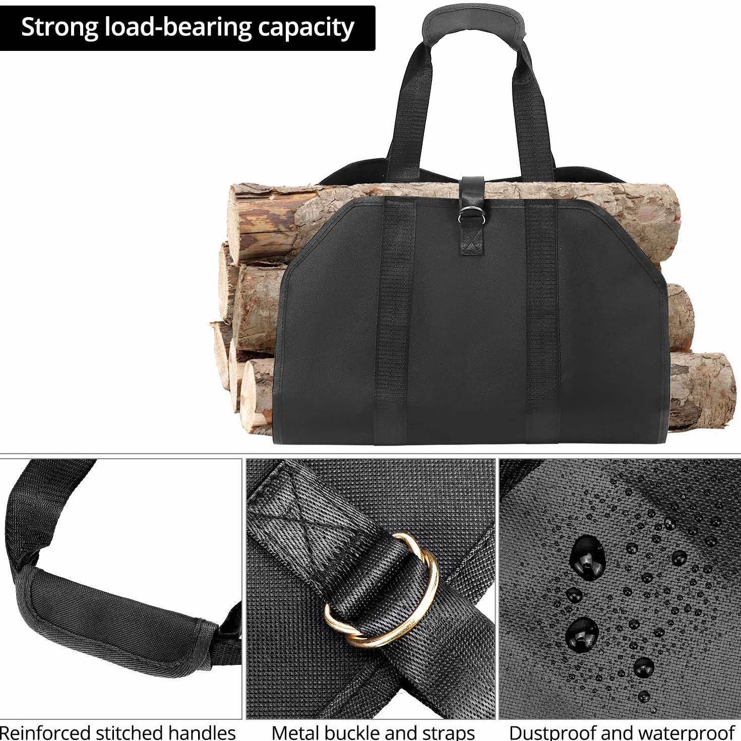 QWORK® Torba na drewno opałowe, bagażnik na drewno kominkowe, 100 x 46 cm, torba do przenoszenia drewna opałowego, do użytku na zewnątrz, czarna