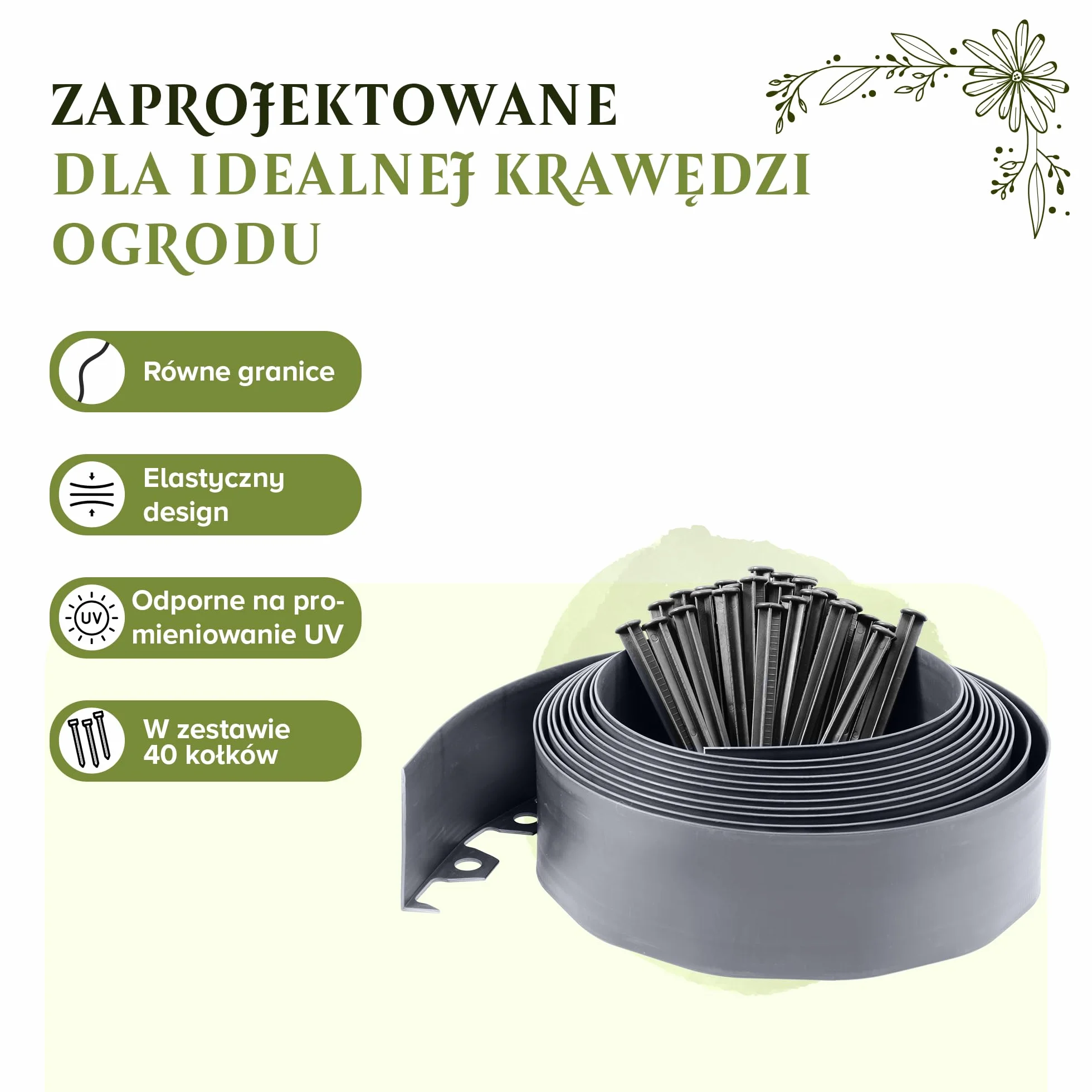 Elastyczne obrzeże trawnika (10 m | 40 kotw gruntowych | 8 cm wysokości), szare, tworzywo sztuczne, odporne na warunki atmosferyczne, obramowanie rabatki kwiatowej, krawędź koszenia