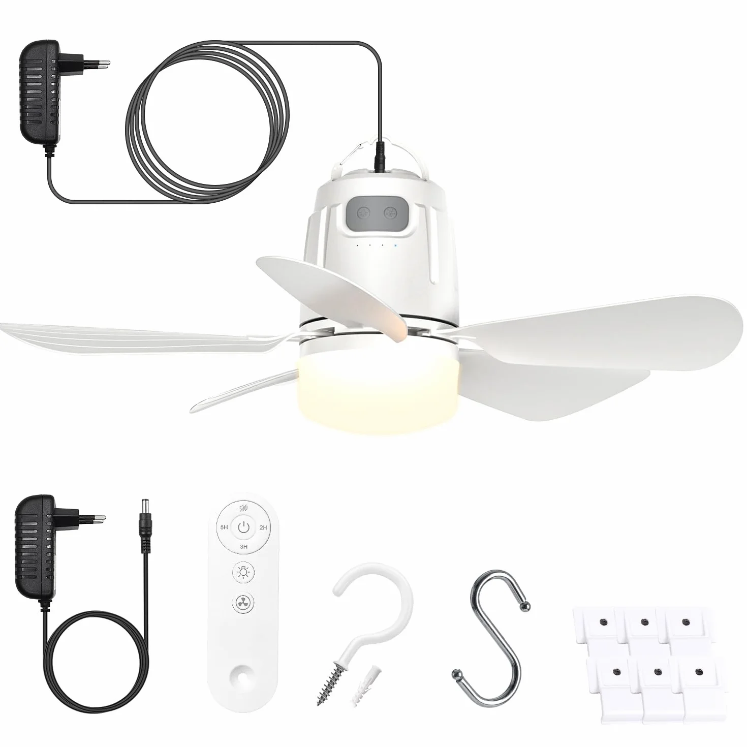 Gliztech Wentylator lampy 50 cm, wentylator sufitowy z oświetleniem, wtyczka sieciowa 5 m i pilot zdalnego sterowania, nadaje się do sypialni, na taras, parasol przeciwsłoneczny, pomieszczenie