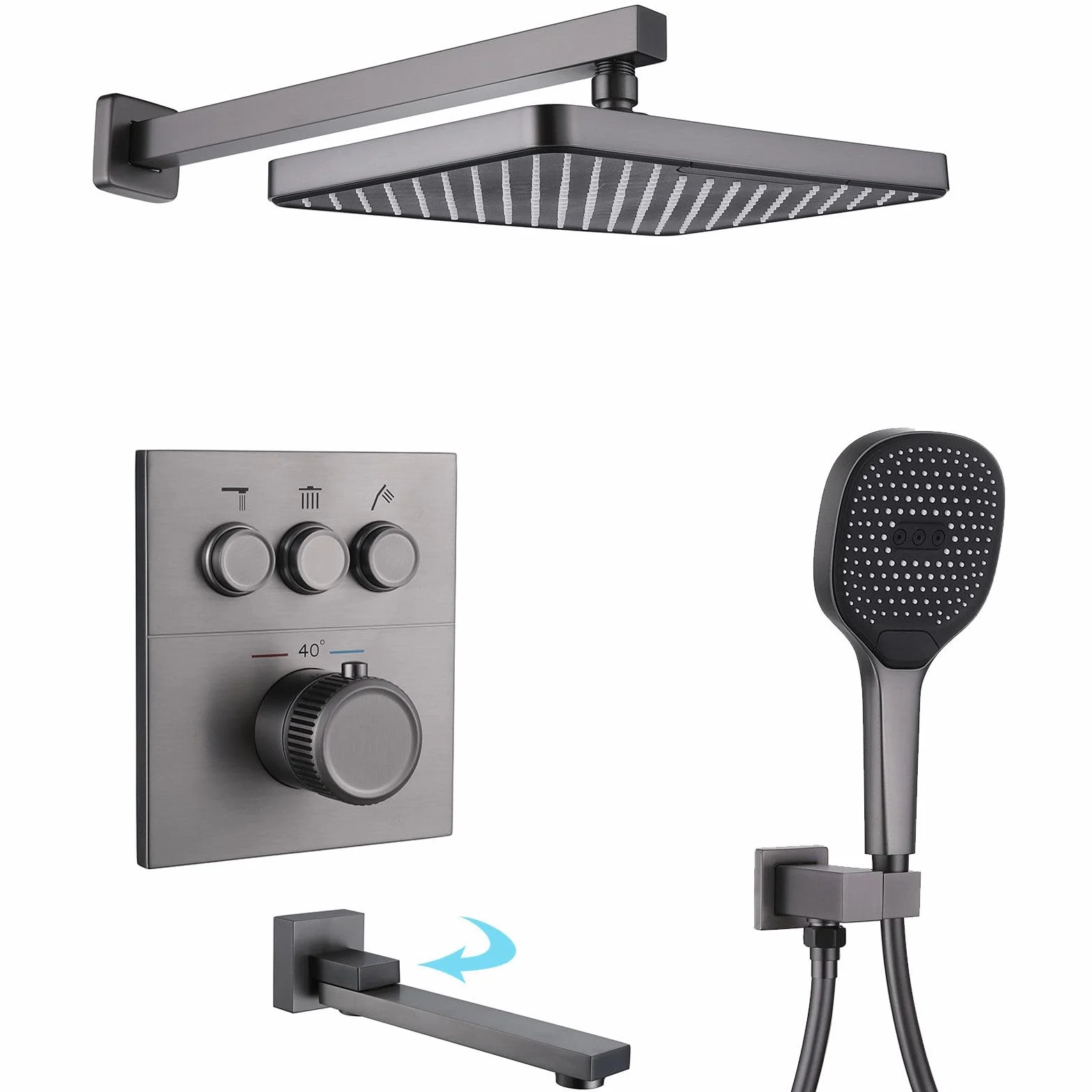 System prysznicowy z termostatem, HSS0465, nowoczesny zestaw prysznicowy podtynkowy, 30 x 20 cm, deszczownica, montaż ścienny, ze słuchawką prysznicową, składany kran wannowy, miedź 59 A