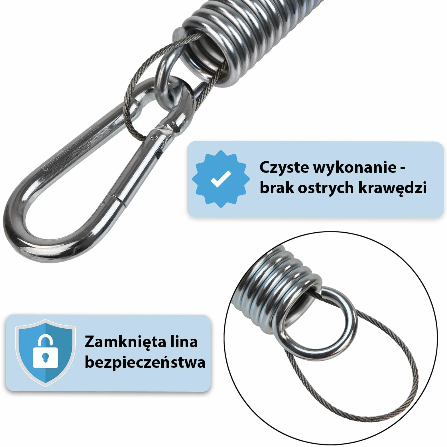 Montafox Sprężyna do mocowania 150 kg fotela wiszcego hamaka kołyski z liną zabezpieczającą 2 karabińczyki stal ocynkowana