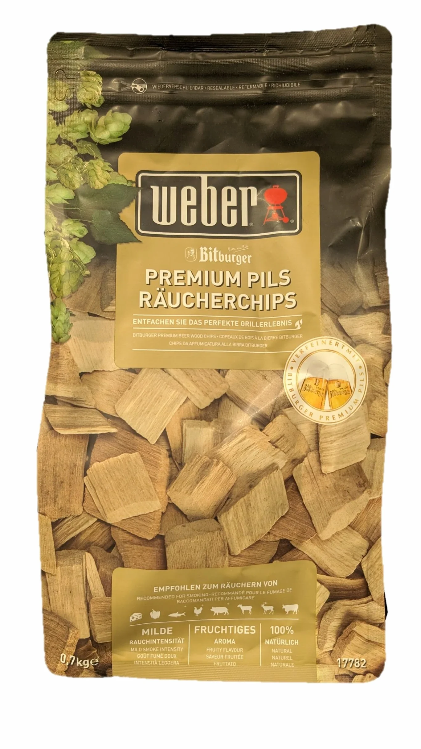 Weber 17782 Bitburger Premium Pils chipsy wędzarnicze 700 g słodko-owocowy smak wędzenie grillowanie