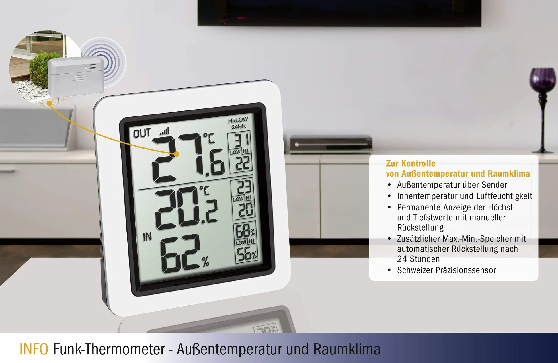 TFA Dostmann Info termometr radiowy z nadajnikiem zewnętrznym, numer katalogowy 30.3065.02, biały