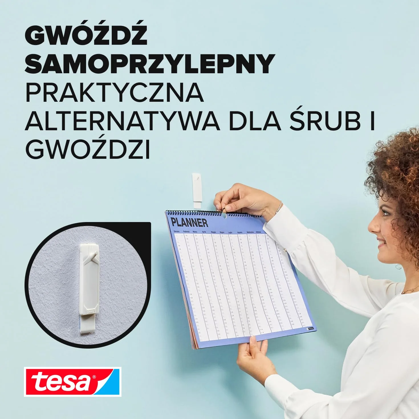 tesa Gwoździe samoprzylepne do tapet i tynku, 1 kg, 3 sztuki w opakowaniu – samoprzylepne paznokcie do delikatnych powierzchni – bez pozostawiania śladów – do 1 kg udźwigu na paznokieć – 3 x 2