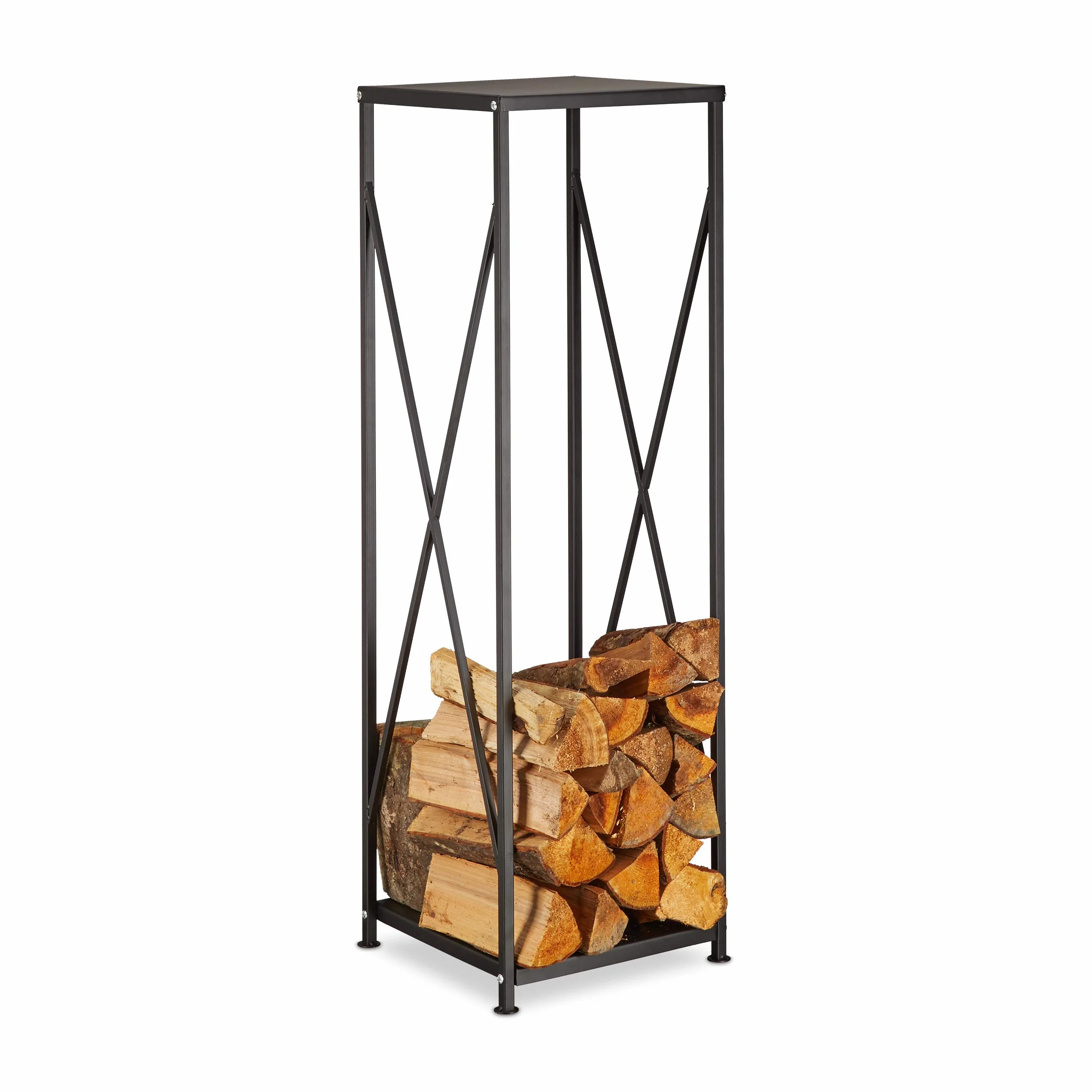 Relaxdays Regał na drewno kominkowe ze stali stojak HBT 111x34x34 cm czarny
