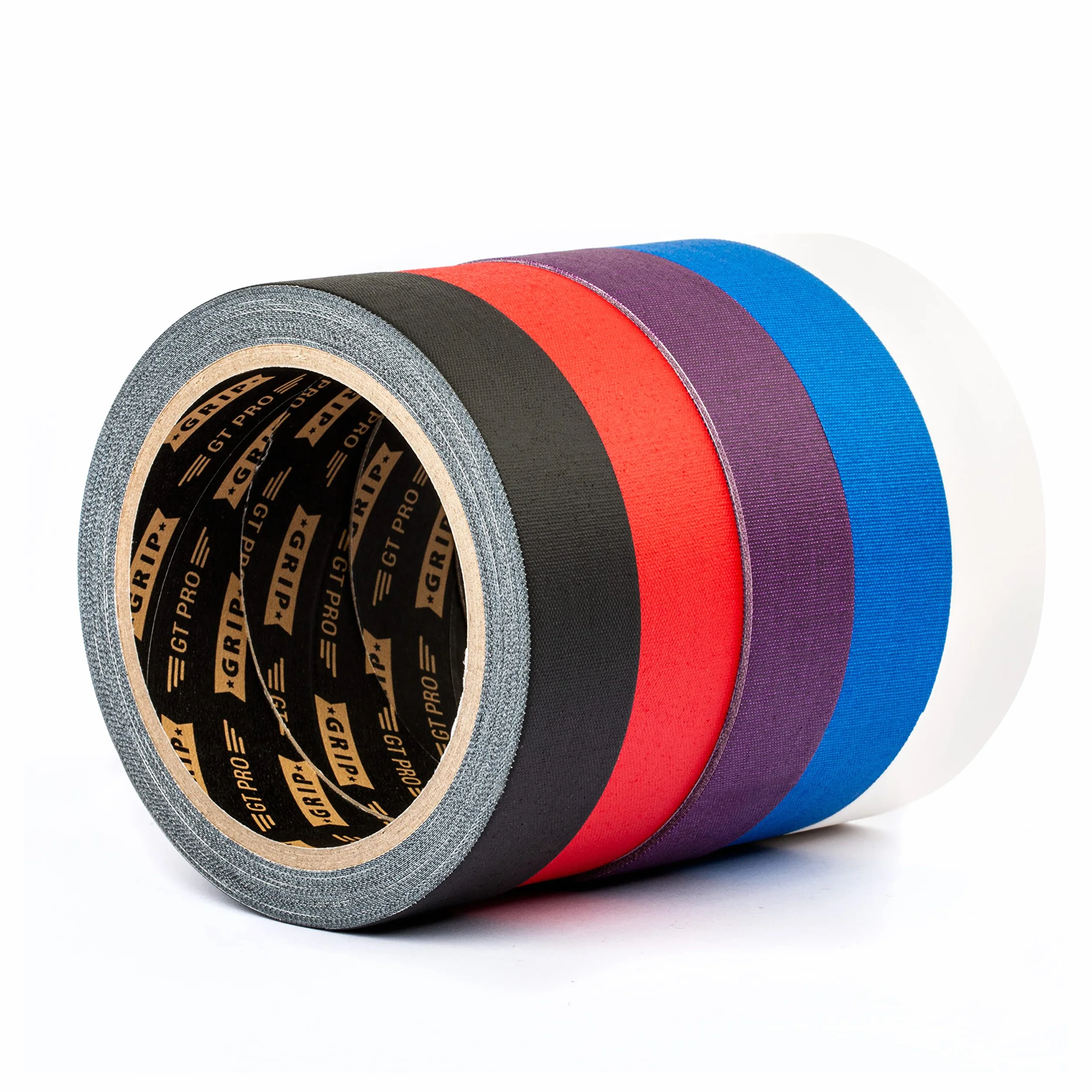 GRIP Eventbasics GT PRO Zestaw 5 kolorowych pasków do Hula Hoop Tape 25 mm x 10 m, Gaffa Tape czarny, biały, fioletowy, czerwony i niebieski
