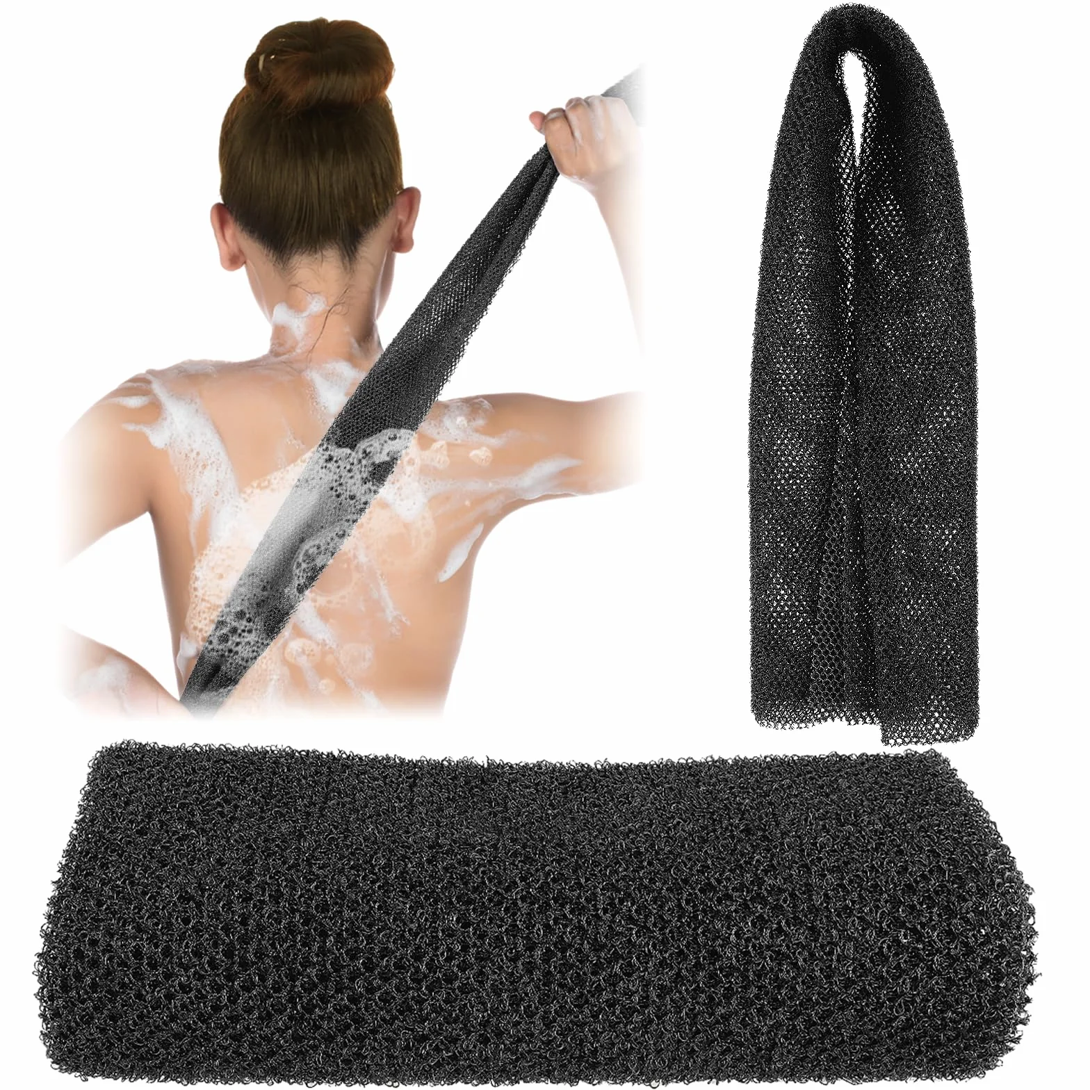 COMNICO Afrykańska gąbka do kąpieli, długa siatka, peeling, myjka pod prysznic, do mycia ciała, gąbka, loofah, wygładzająca skórę, do codziennego użytku (czarna)