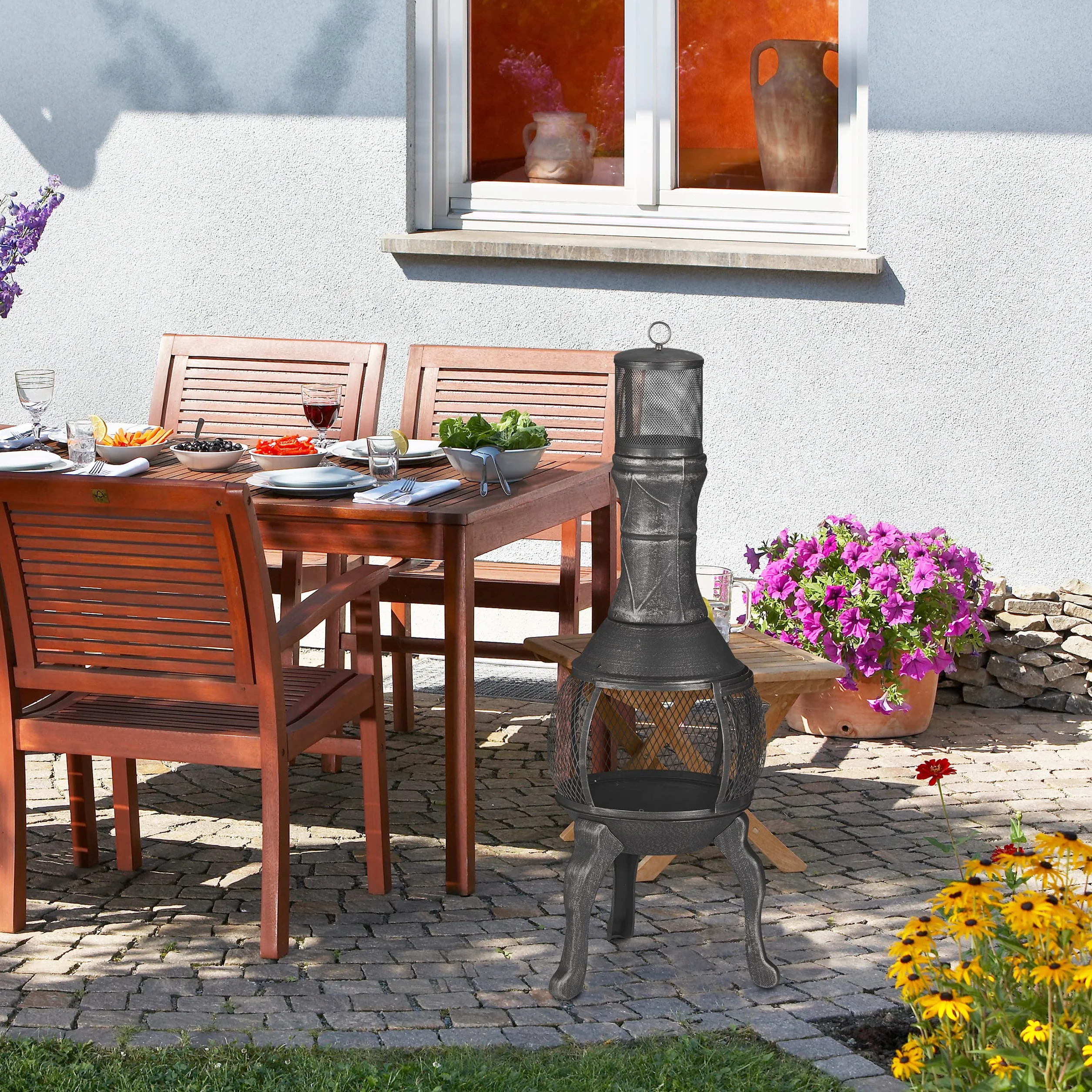 Relaxdays Piec tarasowy żeliwny 114x40x40 cm kominek ogrodowy srebrny