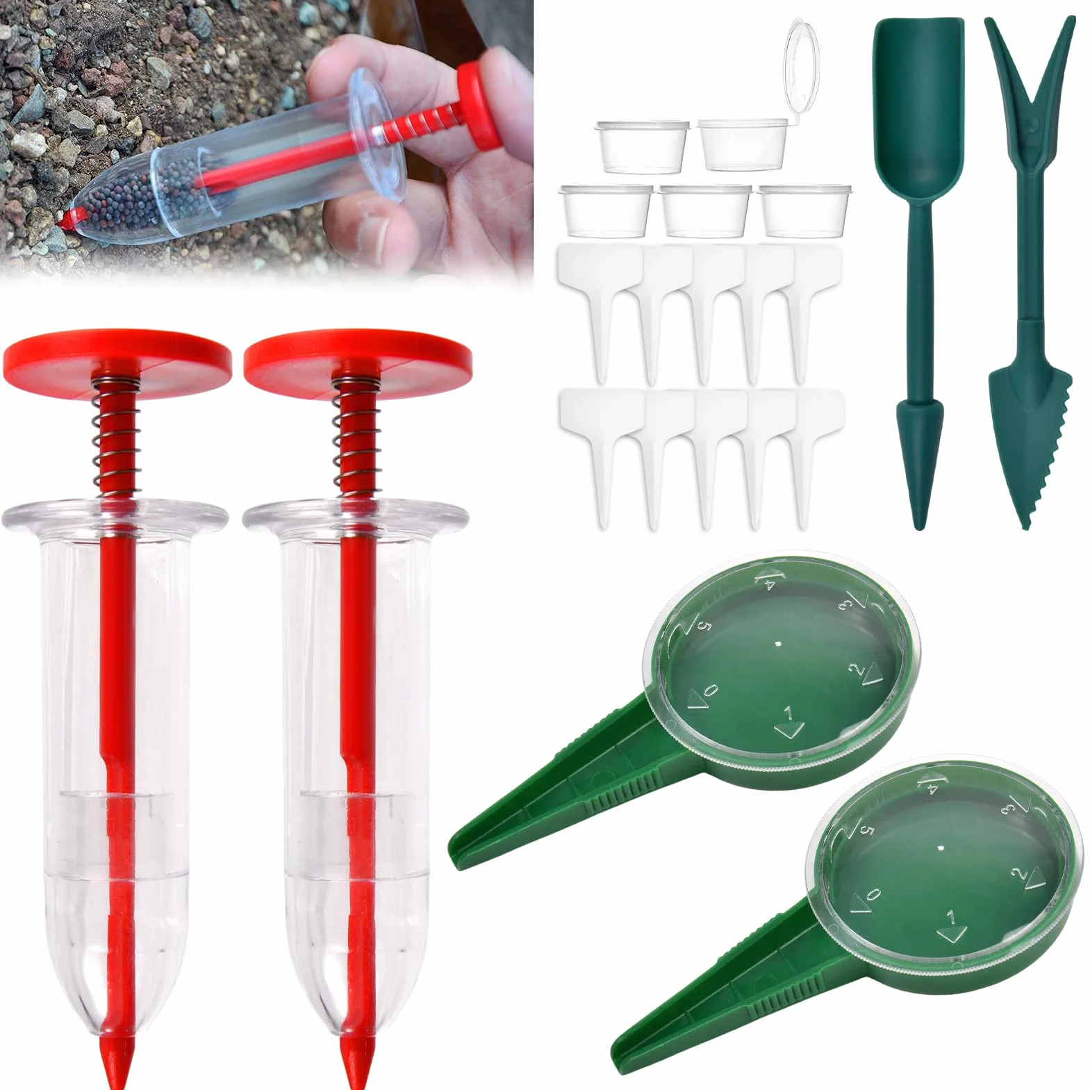 LEONTOOL Mini rozsiewacz nasion, 5-biegowy dozownik nasion do małych nasion, ręczny zestaw do sadzenia sadzonek, ręczne narzędzie do sadzenia nasion ogrodowych, z pudełkiem do przechowywania i