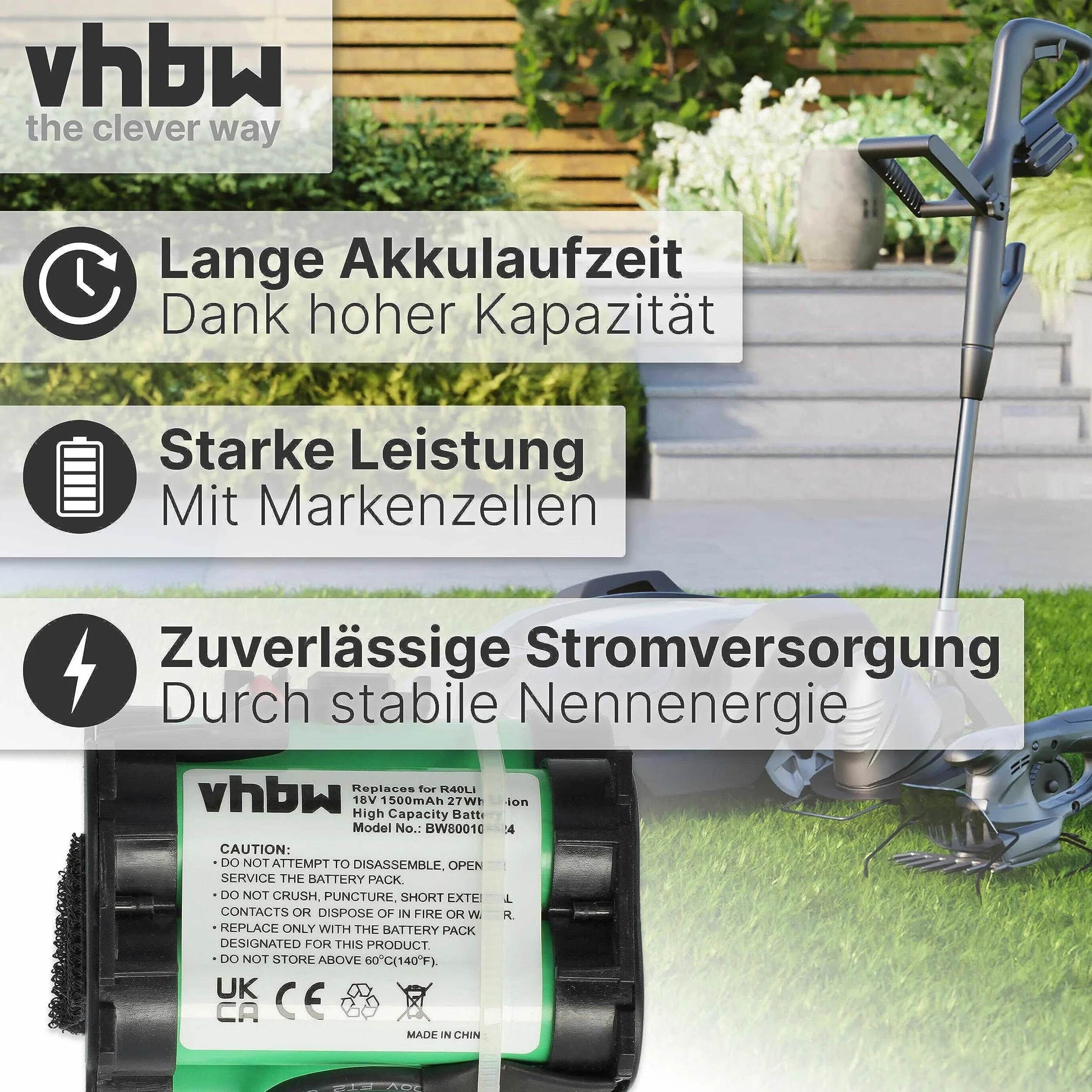 vhbw Akumulator kompatybilny z kosiarką Husqvarna Automower 105, 305, 308, 308X, 308X, 308 X, robot do koszenia trawy – (litowo-jonowy, 1500 mAh, 18 V), akumulator zapasowy