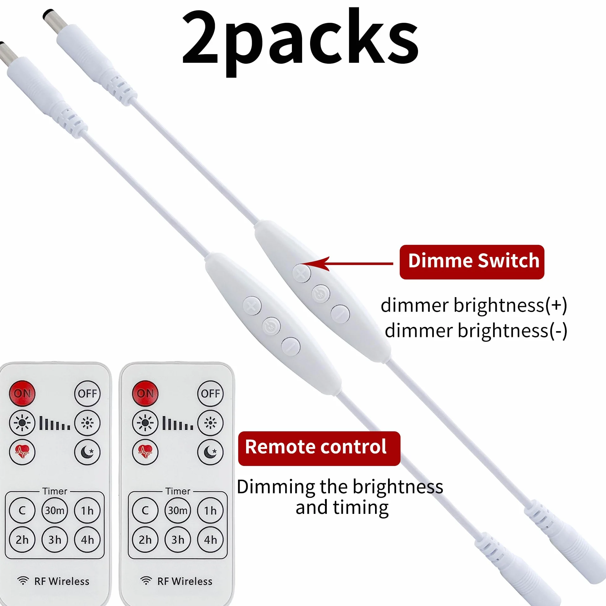 DC ściemniacz z wtyczką 5521 męsko-żeńską 2 szt., pilot, funkcja ON-OFF, ściemnianie bezstopniowe, prąd 2A, kabel 22AWG, opóźnienie 60 s, dla 12V LED jednokolorowych (biały)