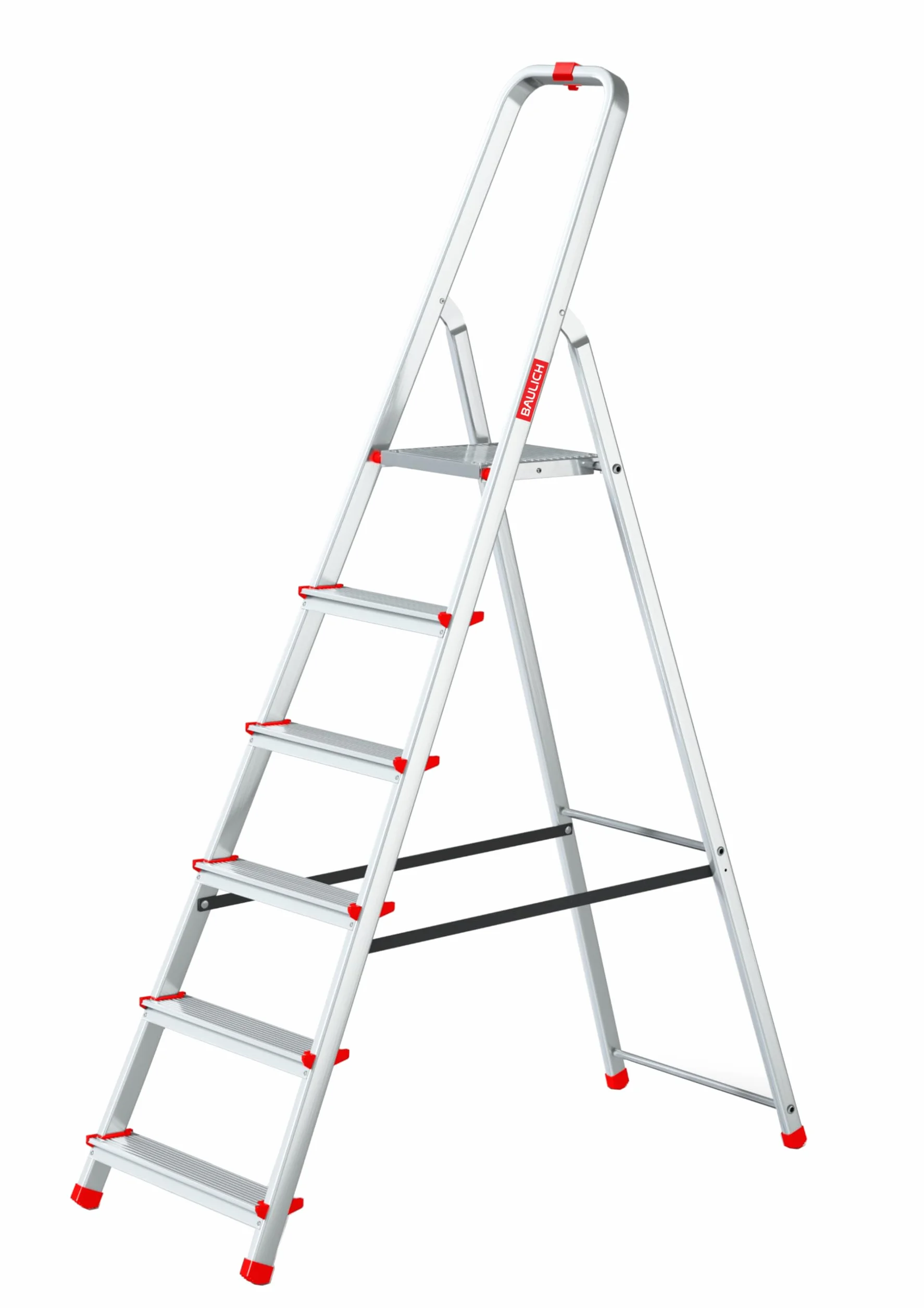 Aluminiowa drabina - 6 stopni, z haczykiem i 4 antypoślizgowymi końcówkami - solidna i ergonomiczna konstrukcja, łatwa do przenoszenia - 191 x 48 x 12 cm - nośność do 125 kg