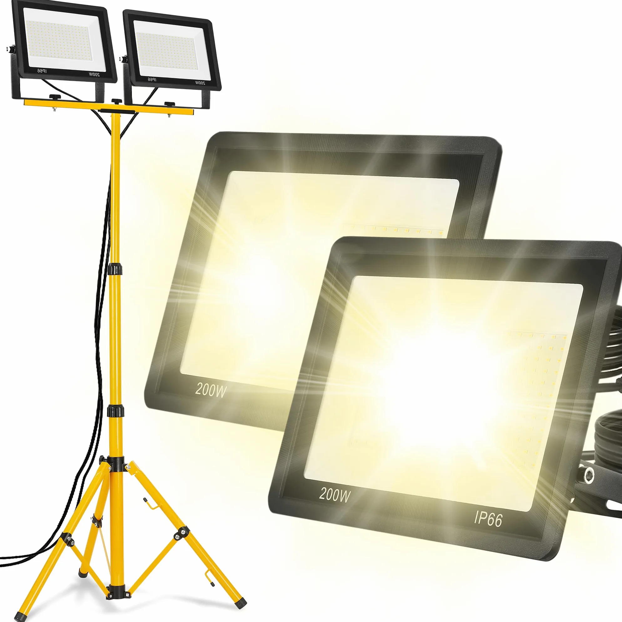 Reflektor budowlany LED, 200 W, ciepła biel, ze statywem o regulowanej wysokości, lampa robocza LED, w zestawie kabel sieciowy, wodoszczelność IP66, reflektor postojowy, reflektor roboczy na