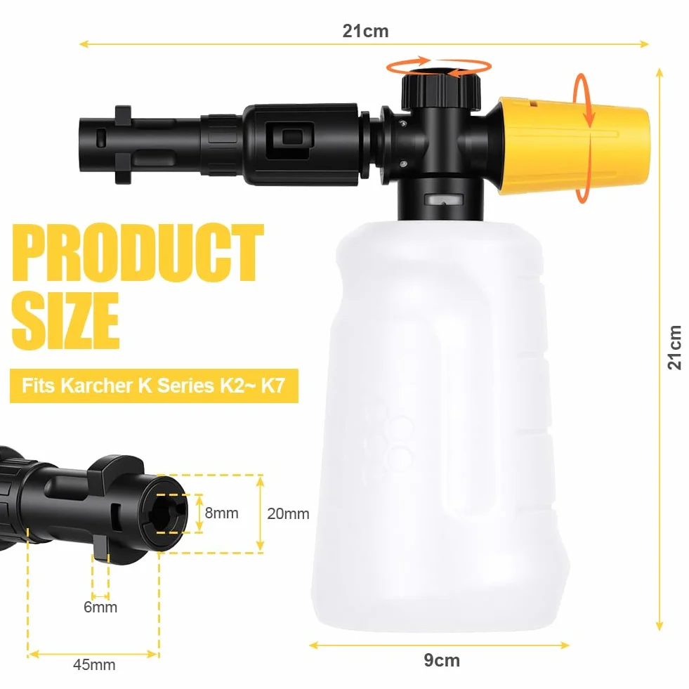 HOTUT Śnieżna lanca do myjki wysokociśnieniowej, 700 ml, lufa piankowa, gruby dozownik mydła, z regulowaną dyszą natryskową, do Karcher serii K2, K3, K4, K5, K6, K7