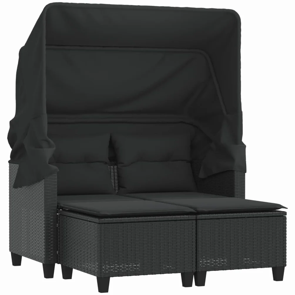 vidaXL 2-os. sofa ogrodowa z daszkiem i podnóżkami, czarna, rattan PE
