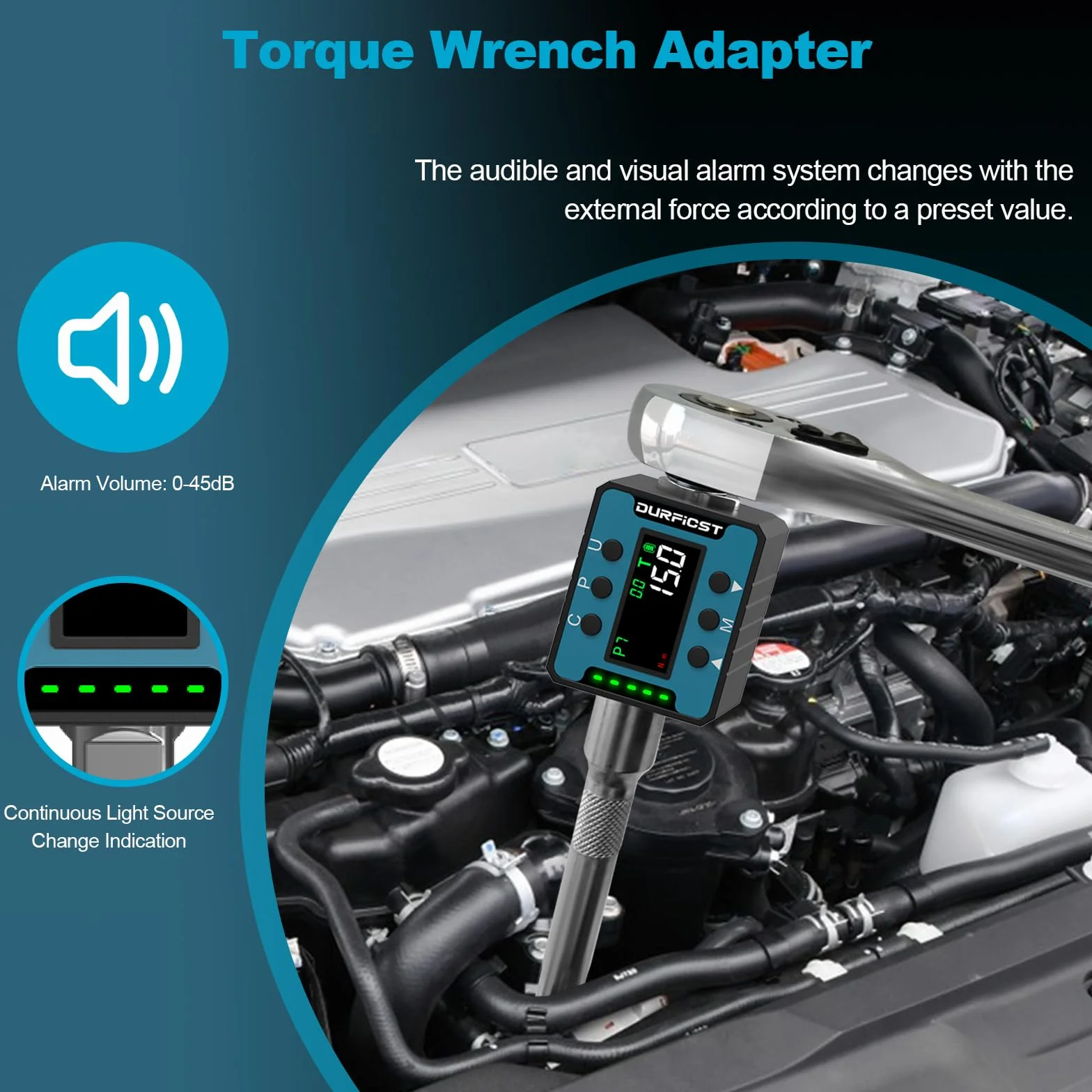 DURFICST Cyfrowy klucz dynamometryczny, 1/2" cyfrowy adapter momentu obrotowego z alarmem dźwiękowym i świetlnym, cyfrowe klucze dynamometryczne, zakres 10-320 Nm, odpowiedni do samochodów, rowerów