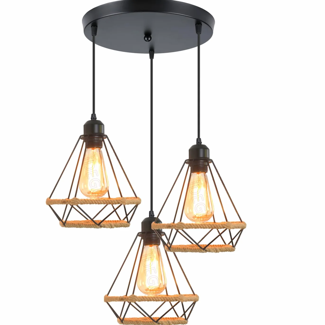 iDEGU 3 lampy przemysłowe lampa wisząca 20 cm żyrandol sufitowy vintage czarny lampa klosz metalowa klatka i lina konopna E27 oświetlenie sufitowe do jadalni, salonu, restauracji