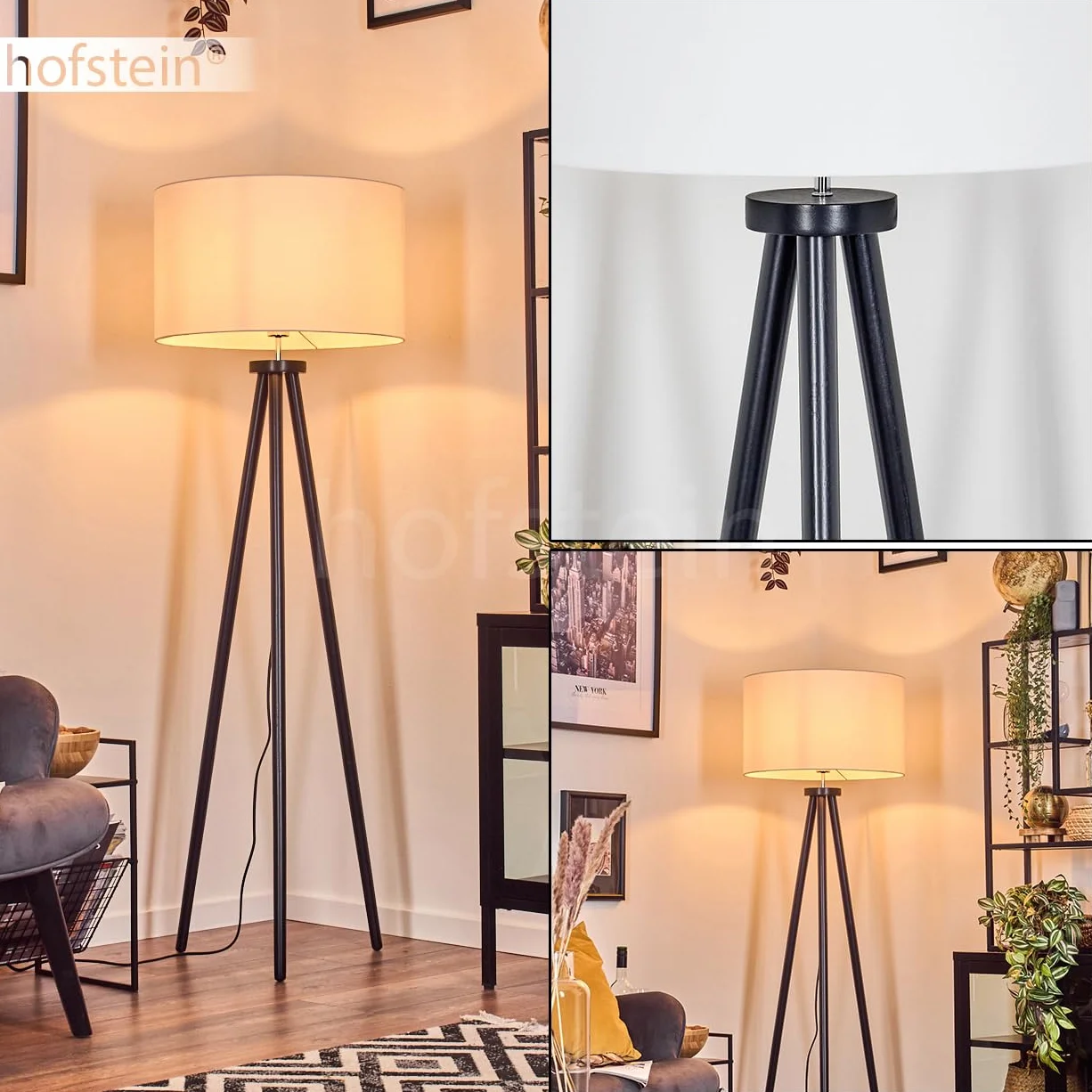 Felmming lampa stojąca, lampa podłogowa z drewna/tkaniny w kolorze czarnym/białym, lampa w skandynawskim designie z okrągłym kloszem (Ø 50 cm) i włącznikiem nożnym, wysokość 155 cm, 1x E27 bez żarówki