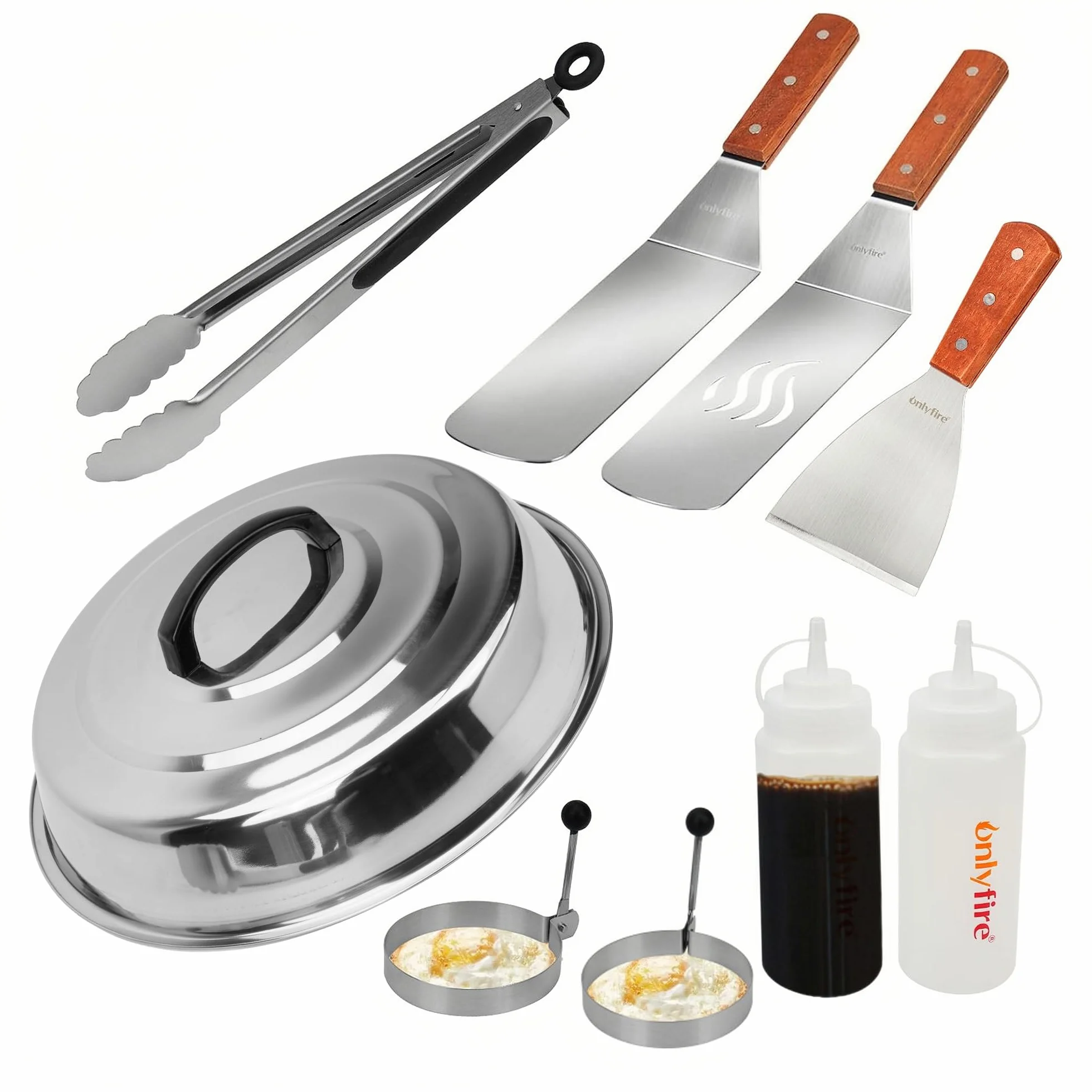 Onlyfire FPA-5117 9-częściowy zestaw akcesoriów do grilla Plancha ze stali nierdzewnej, z dzwonkiem do ciepła, łopatką do patelni, szczypcami do grilla, butelkami natryskowymi, foremkami do jajek