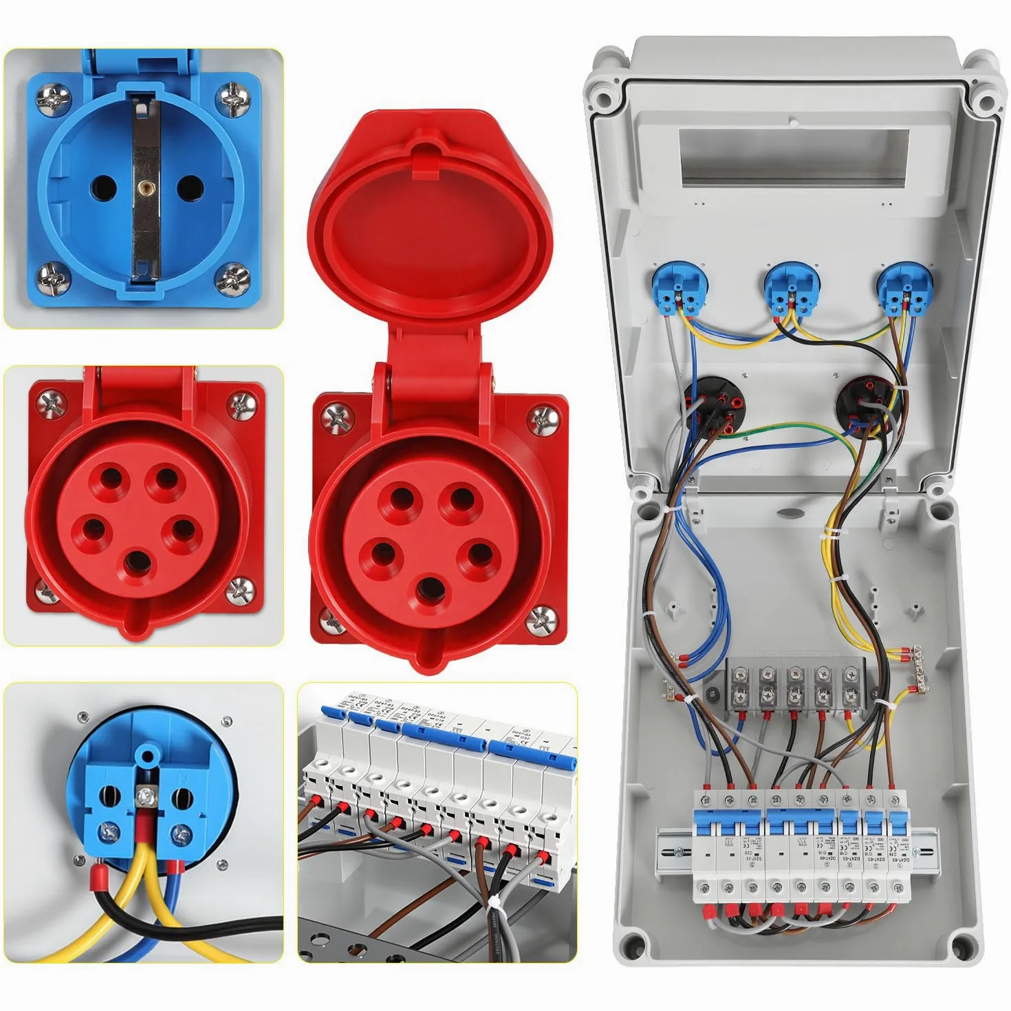 Rozdzielacz prądu budowlanego, 1 x CEE 32 A 400 V + 1 x CEE 16 A 400 V + 3 x 230 V Schuko, 5-biegunowy rozdzielacz ścienny z przełącznikami LS, rozdzielacz prądu IP44 z klapkami zabezpieczającymi