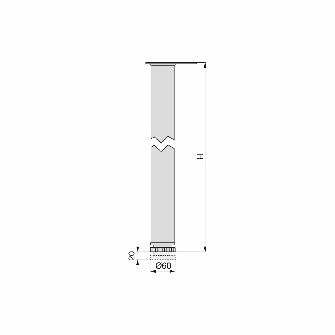 Emuca Regulowana noga stołowa Ø60x710mm, Zestaw 4 stalowych nóg, Regulowana wysokość 710-730mm, Wykończenie szare metalizowane