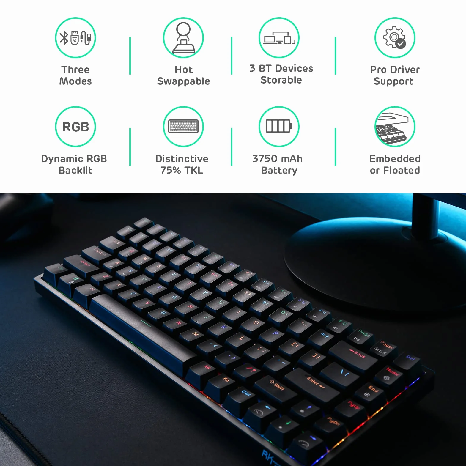 RK ROYAL KLUDGE RK84 Bezprzewodowy Bluetooth/2.4Ghz 80% RGB mechaniczna klawiatura do gier, trzy tryby podłączania klawiatury z Hot-Swappable cichy i liniowy czerwony przełącznik, czarny