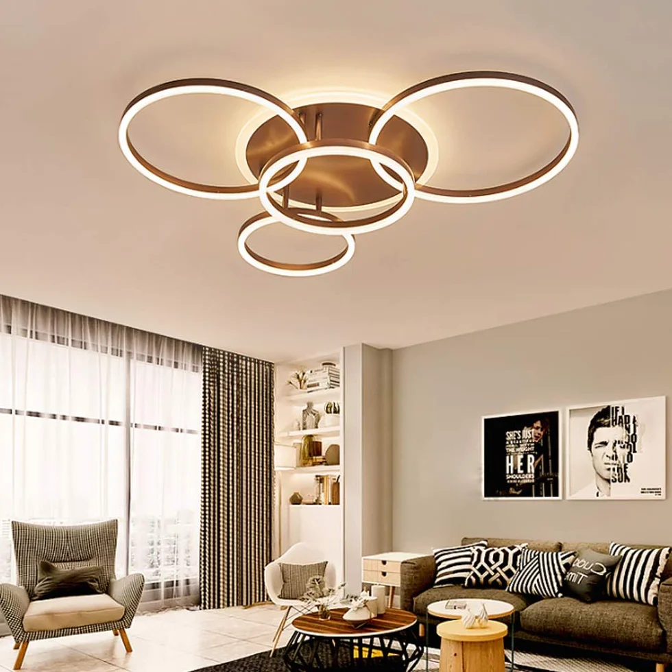 Przyciemniana lampa sufitowa LED, nowoczesna, do salonu, z pilotem zdalnego sterowania, metalowa, akrylowa, oświetlenie sypialni, kuchni, jadalni, łazienki, lampa punktowa, biała, 5 pierścieni