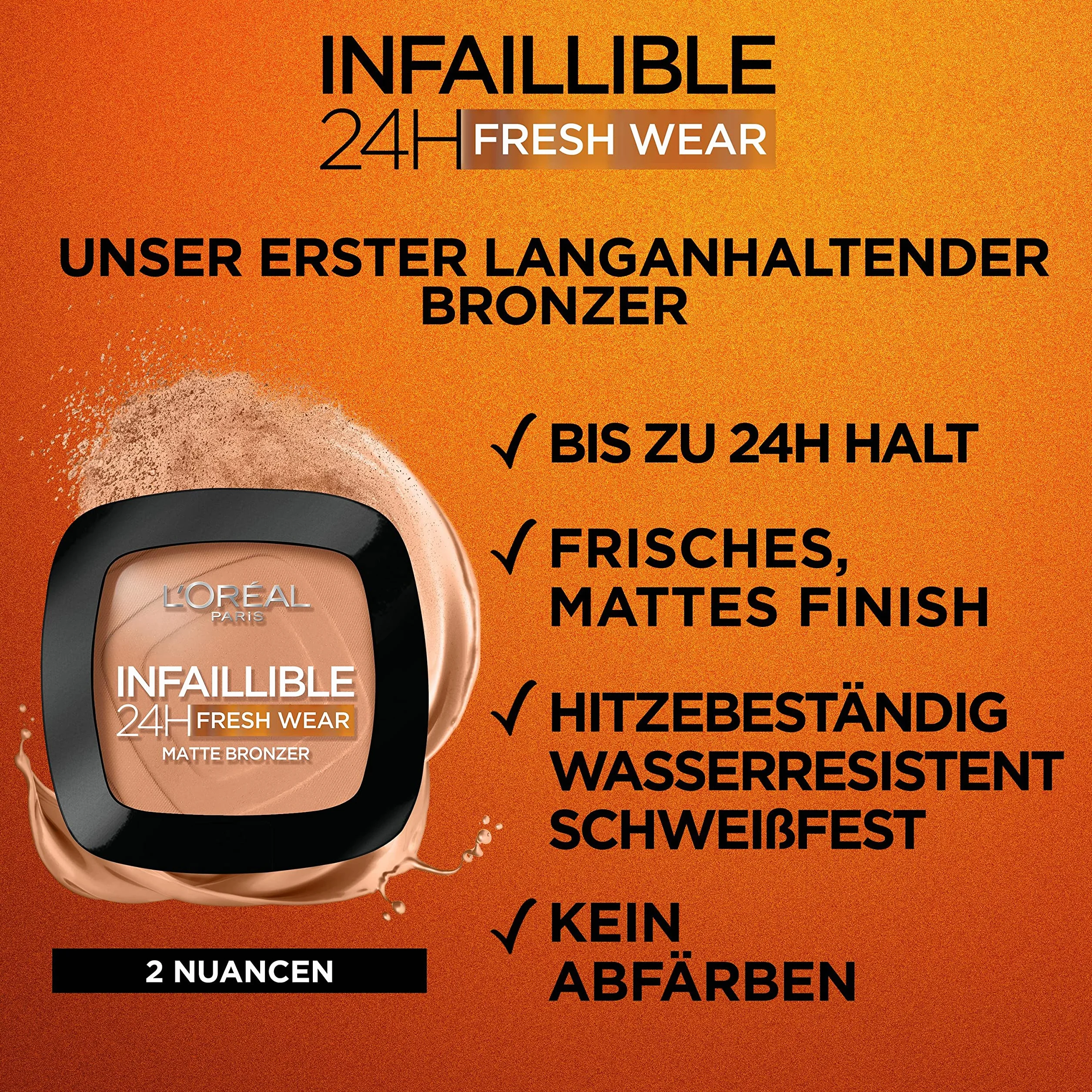 L'Oréal Paris długo utrzymujący się i kryjący brąz, dla naturalnej i matowej opalenizny, Infaillible 24h Fresh Wear Soft Matte, kolor: 350 Medium, 1 sztuka