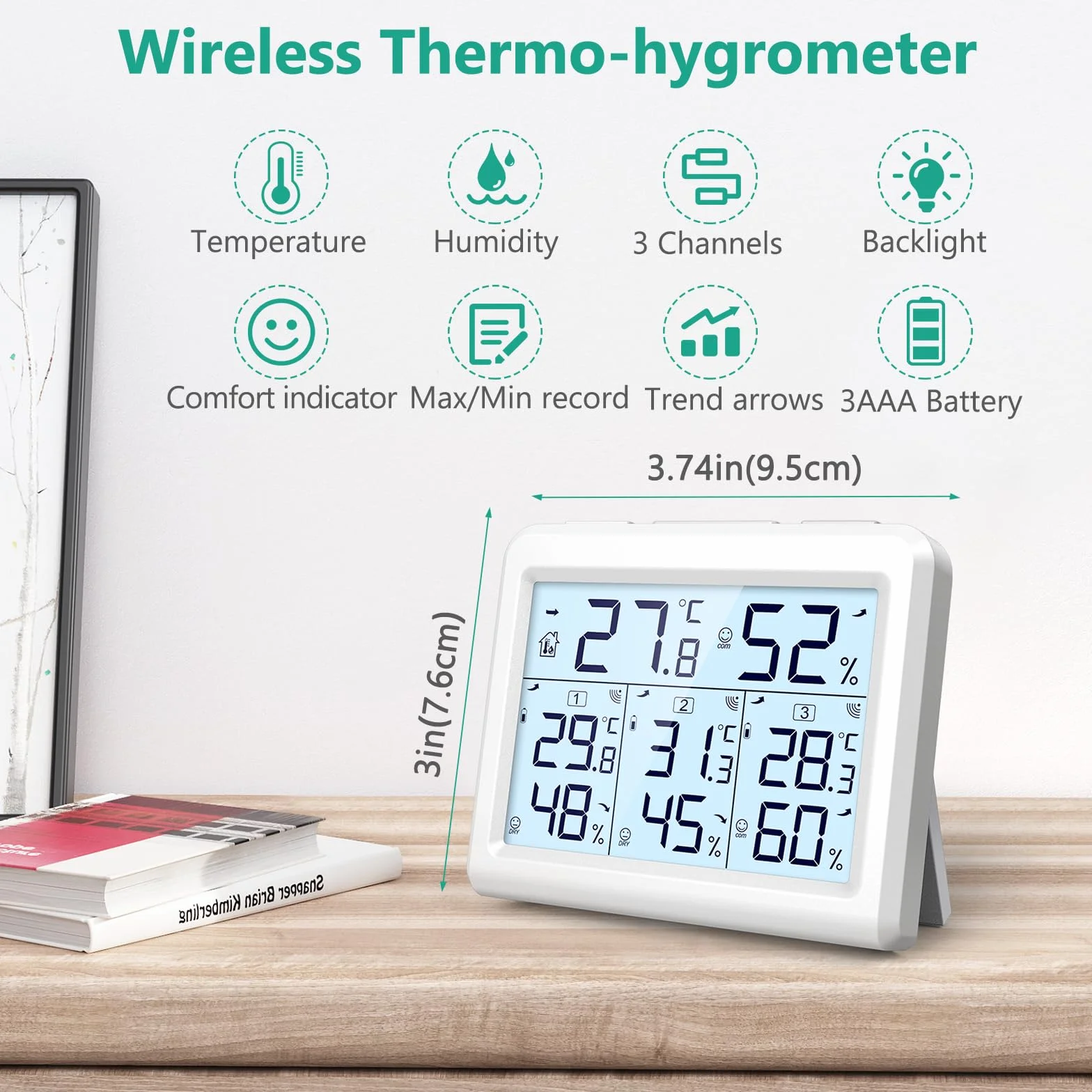 【Nowość】Termometr z higrometrem, termometr wewnętrzny z 3 czujnikami zewnętrznymi, podświetlenie tła i duży wyświetlacz LCD, zapis min/maks, przełącznik ℃/℉, idealny do biura, domu – biały