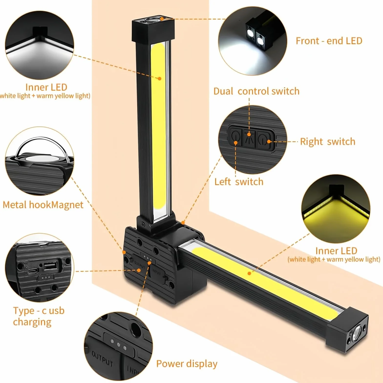 flintronic Lampa do siłowni do pozowania, przenośna magnetyczna latarka LED, wodoodporna z 7. biegiem tłumienia dla siłowni do pozowania z 180-stopniowym składaniem, szybkie ładowanie USB-C, do