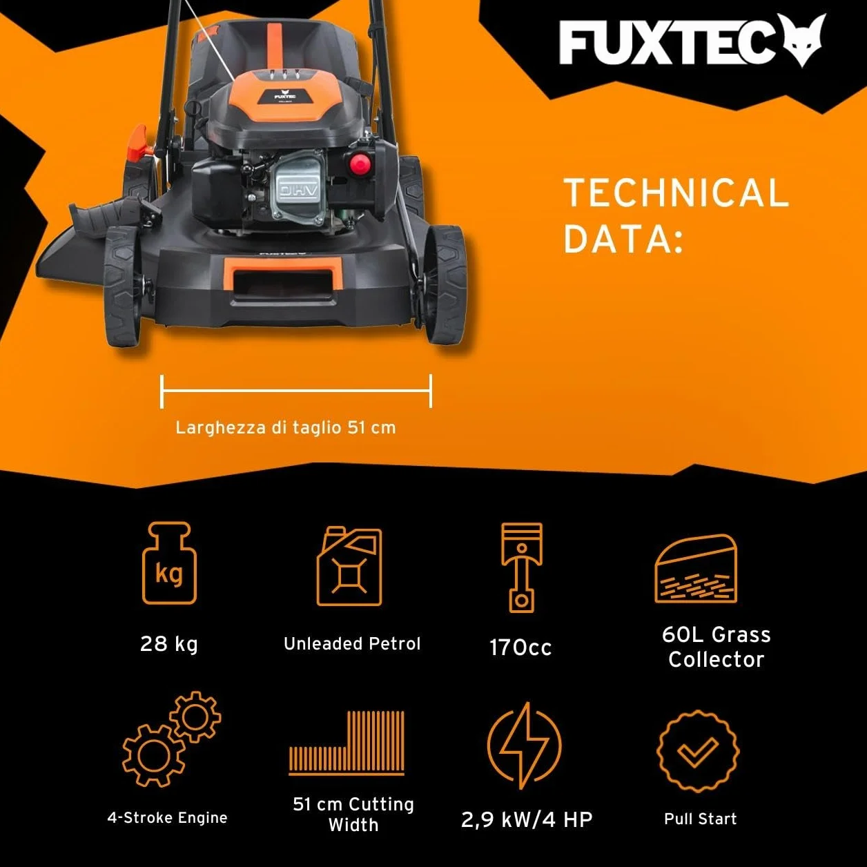 Kosiarka spalinowa FUXTEC 4w1 FX-RM5170 4 KM 2,9 kW szer. koszenia 51 cm napęd tylny 4-suwowa kosz 60 l