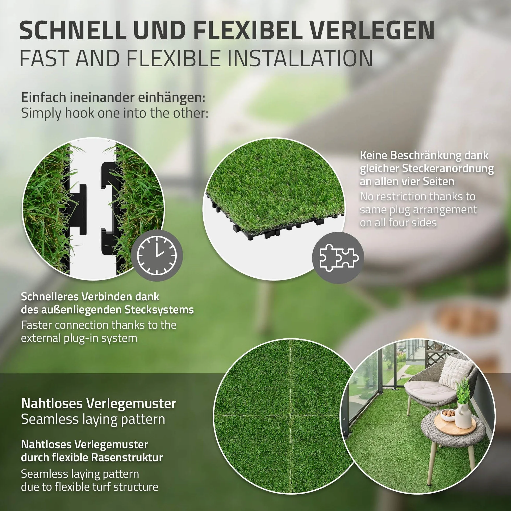 ML-Design Sztuczna Trawa 30x30 cm 3 m² Click System Odporna na UV