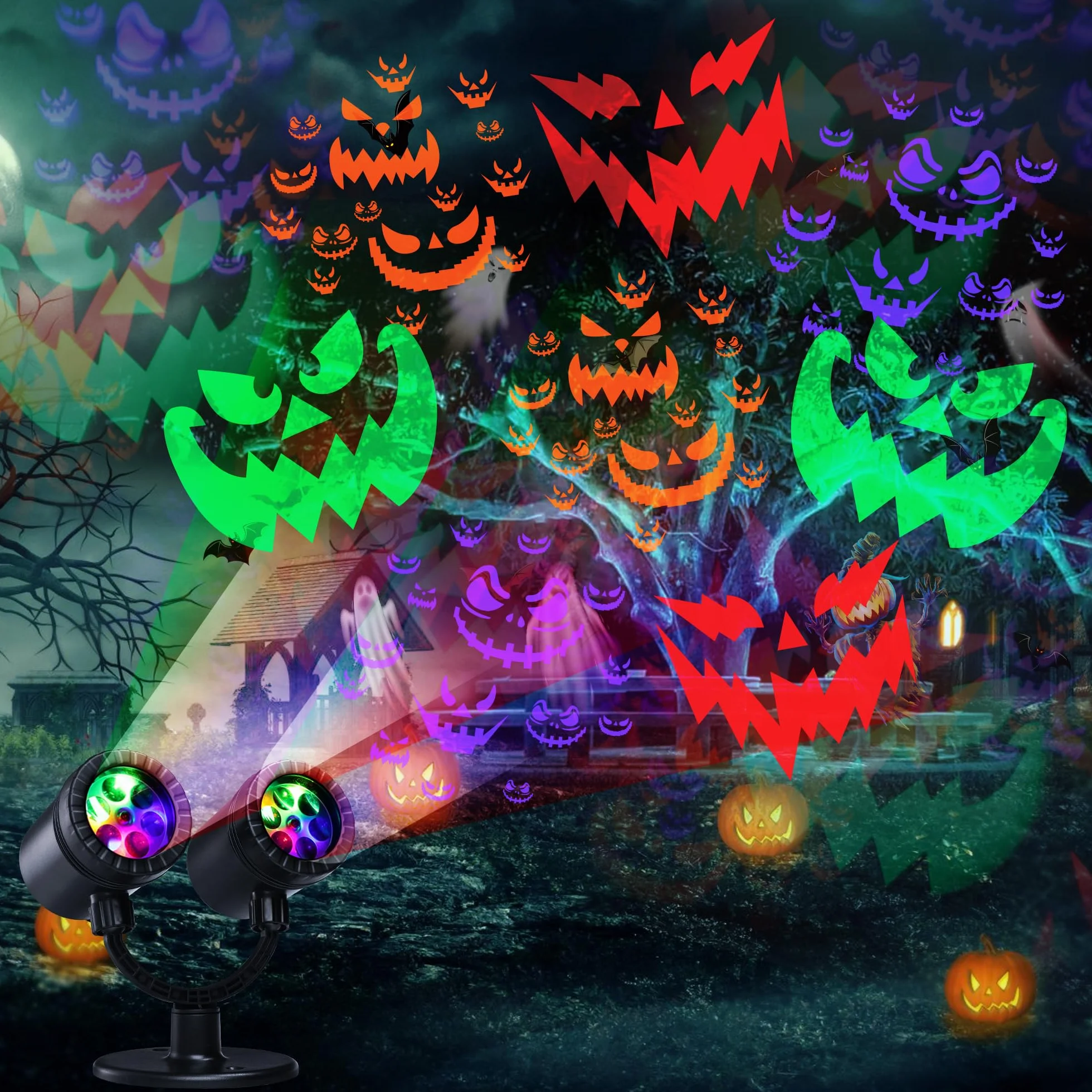 Moxled Dekoracja Halloween, Podwójna Głowica, Dynamiczny Projektor z Timerem, Wodoszczelny, Do Ogrodu, Na Okno, Ścianę, Podwórko, Imprezę