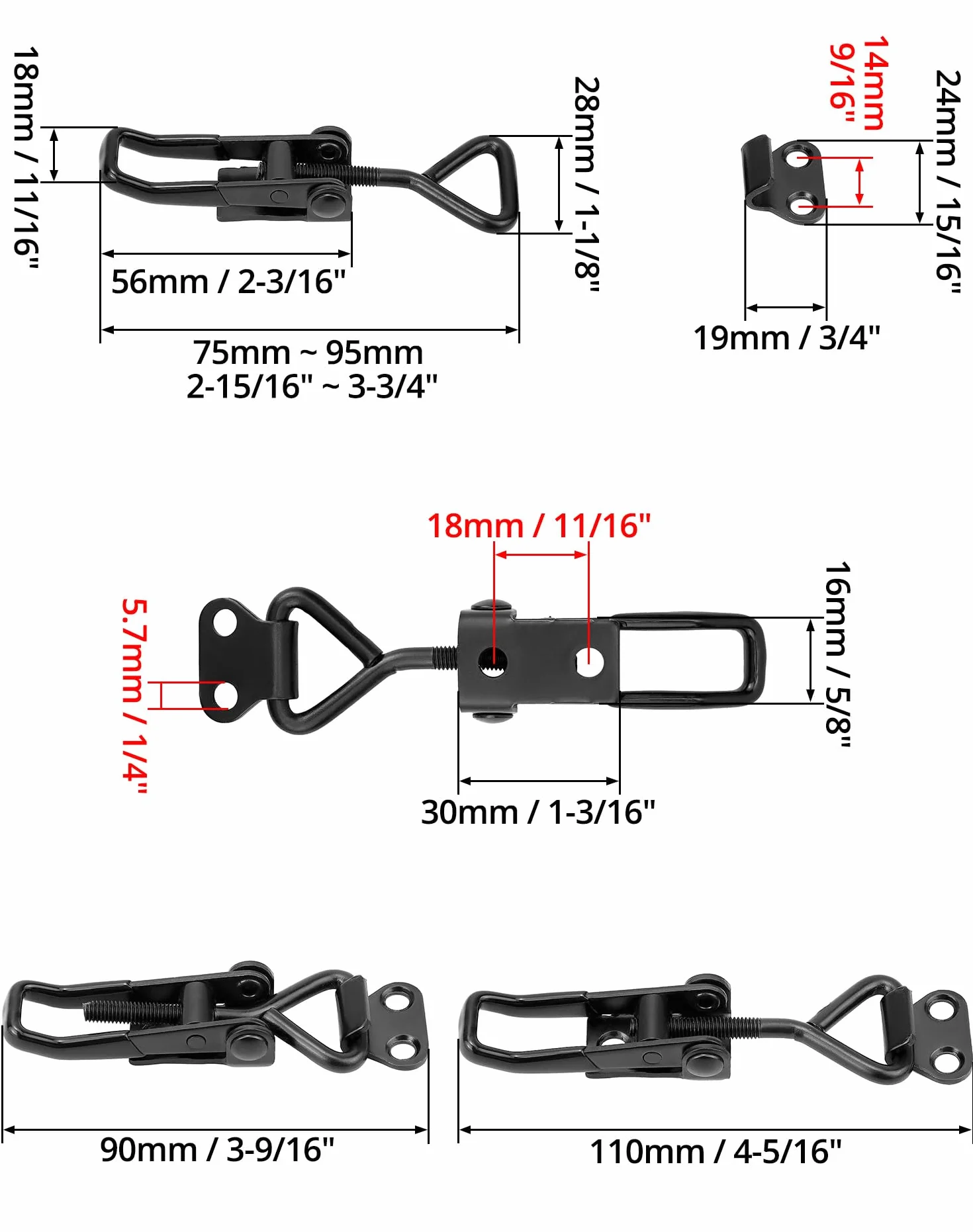 QWORK® 4szt. Zatrzask w kolorze czarnym, mocny zatrzask ze stali węglowej do pudełek, szafek w bagażniku - 95 mm
