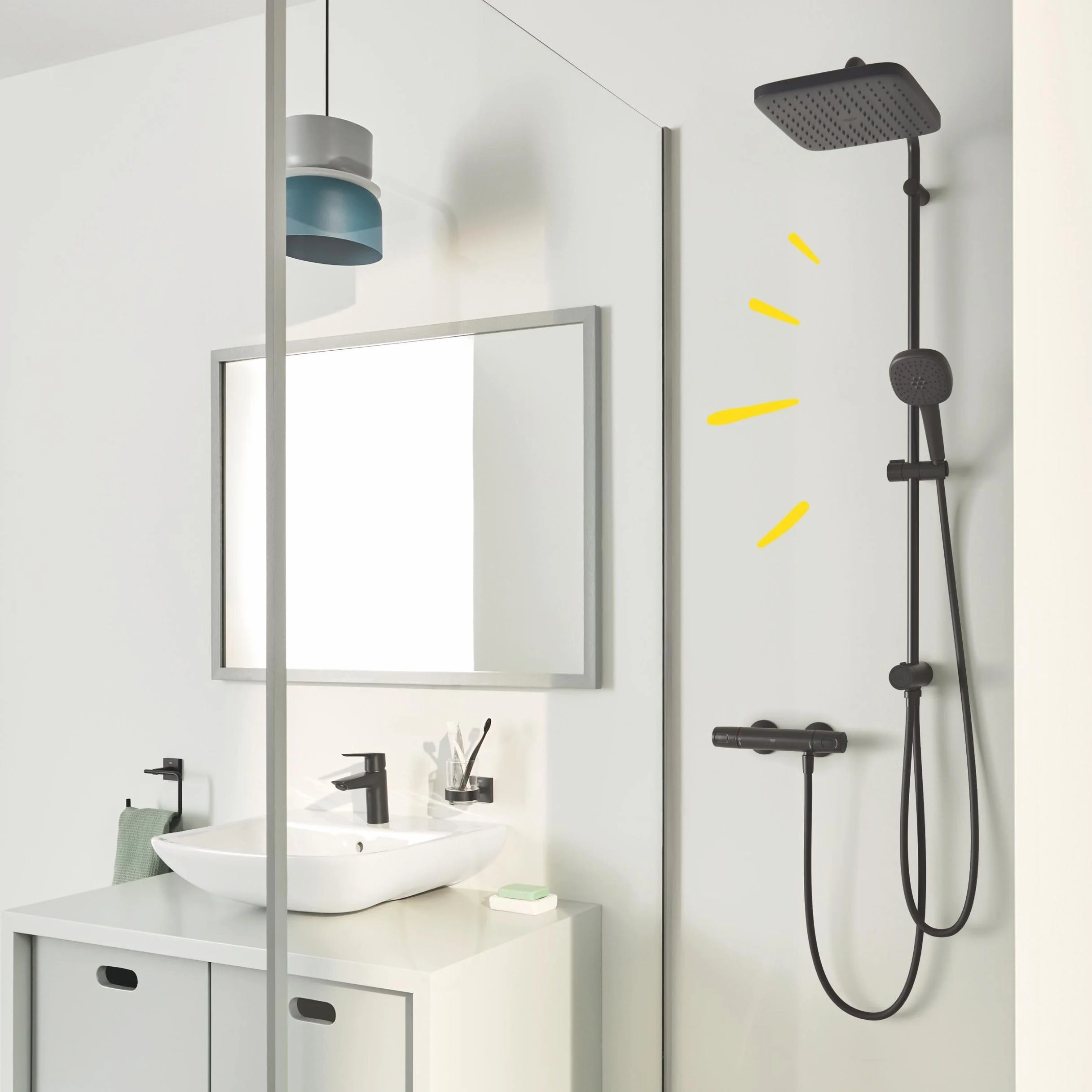 GROHE Vitalio Comfort 250 Flex – odsłonięty system prysznicowy z przełącznikiem (kwadratowa głowica prysznicowa 25 cm, 2 spraye, prysznic ręczny 11 cm, 2 spraye, 2 węże prysznicowe: 1,25 m i 1,5 m,