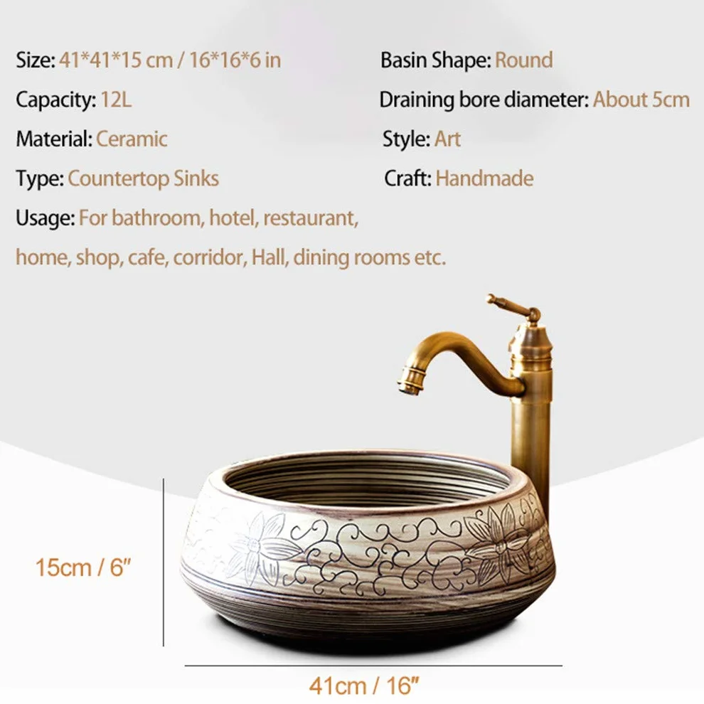 Ceramiczna Umywalka Nablatowa, Okrągła Umywalka, Ręcznie Rzeźbiony Ceramiczny Róg Obfitości, Umywalki Łazienkowe, Umywalka Dekoracyjna W Stylu Hotelowym, Umywalka Korytar