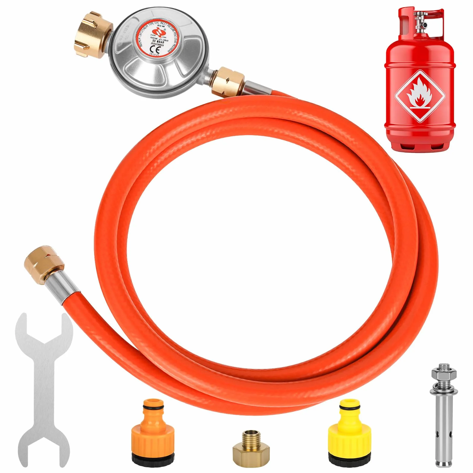 Regulator ciśnienia gazu 50 mbar wąż gazowy 150 cm gwint zewnętrzny 1/4"-19 LH do grilla gazowego pomarańczowy