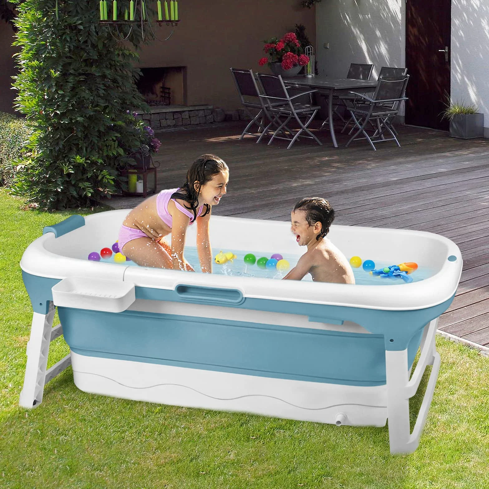 YUENFONG Wanna dla dorosłych XXL, składana wanna do kąpieli, ze zdejmowaną pokrywą, materiał PP i tworzywo sztuczne, wymiary 143 x 62 x 53 cm