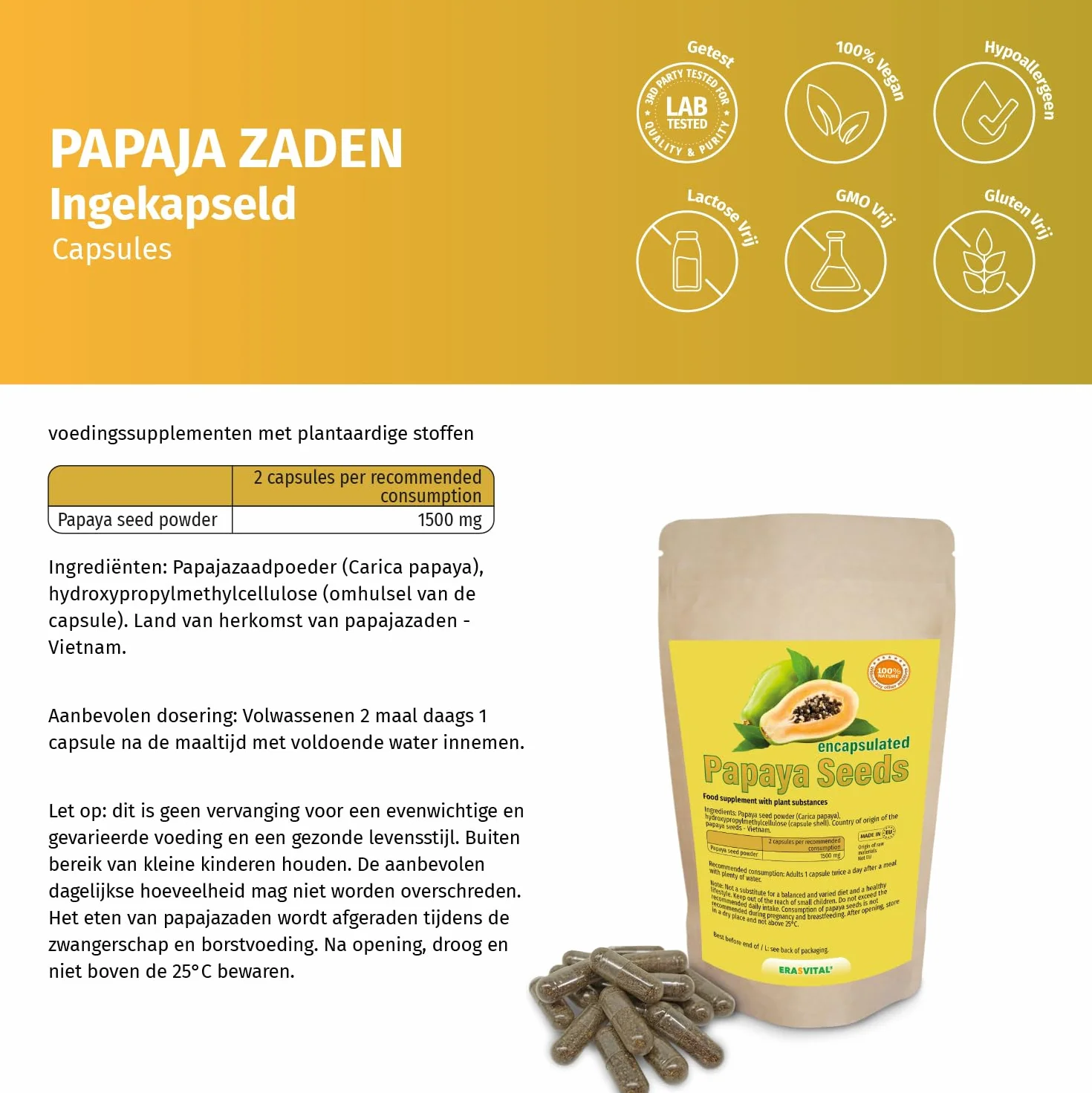 Pestki papai w kapsułkach 90 kapsułek surowa żywność wegański