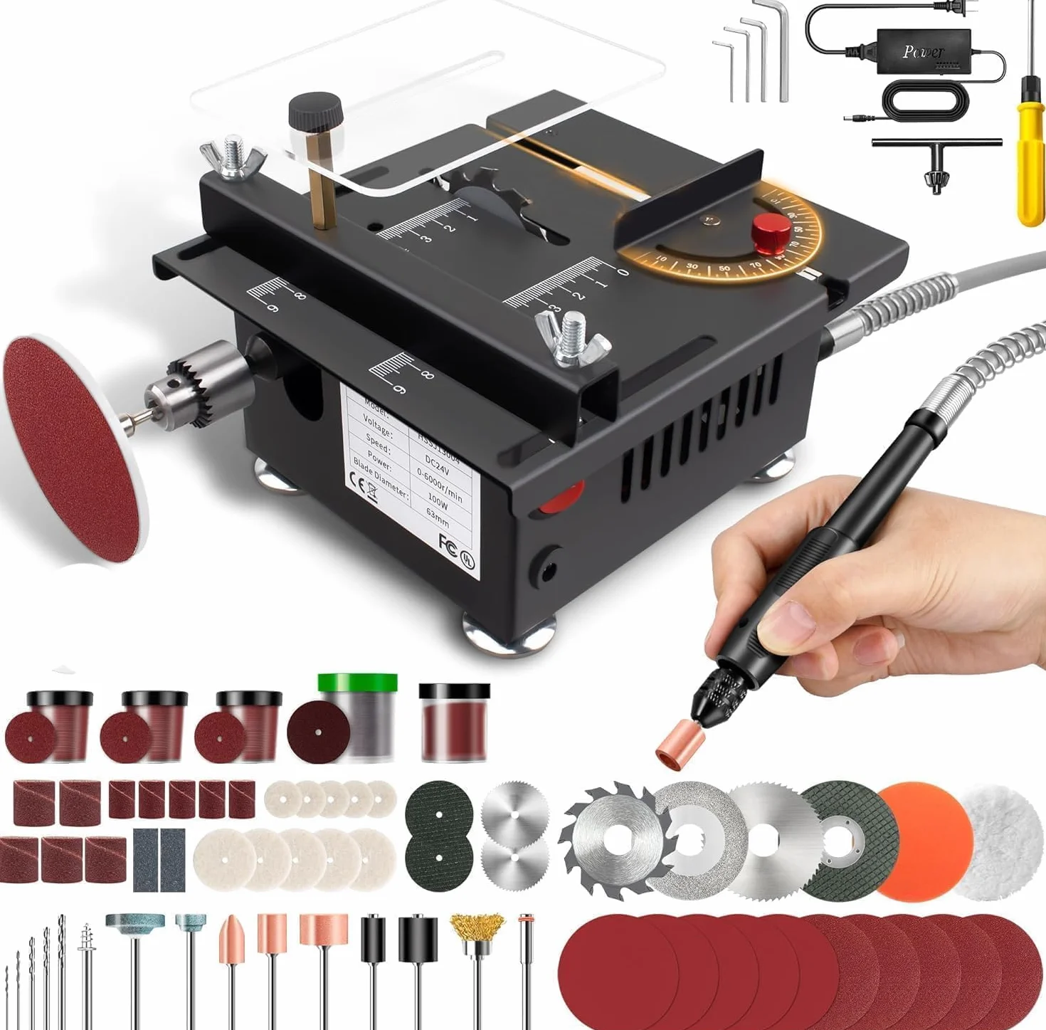 Mini piła stołowa dla rzemieślników, przenośna mini stołowa piła tarczowa, 100 W Power wielofunkcyjna piła stołowa, 7-biegowa regulacja, cięcie 0-90°, do majsterkowania, drewna, akrylu i PCB