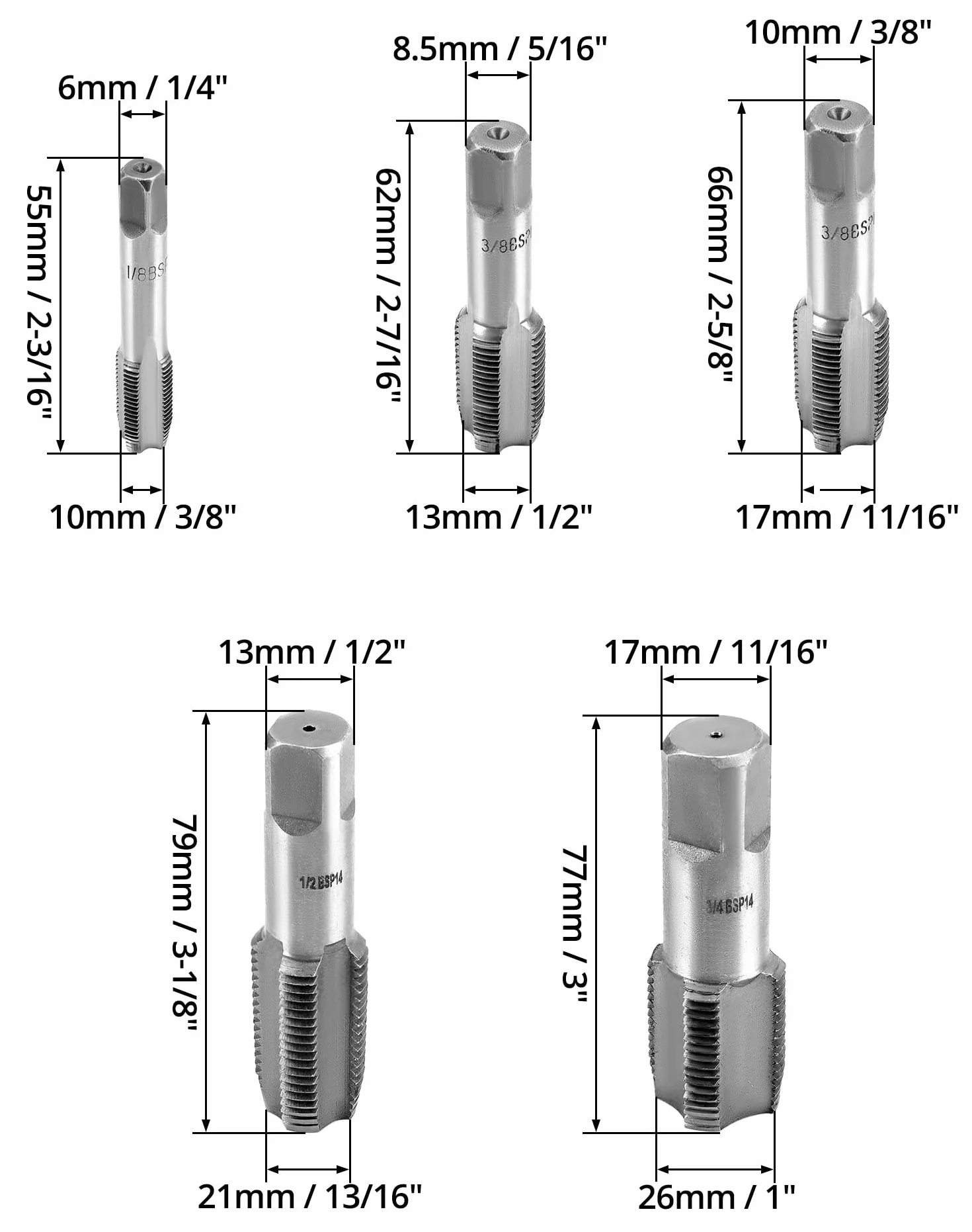 QWORK® 5 szt. Stalowy gwintownik BSP, zestaw gwintowników BSP 55 stopni, odpowiedni do połączeń rur wodnych, naprawa samochodów i maszyn, G1/8 G1/4 G3/8 G1/2 G3/4